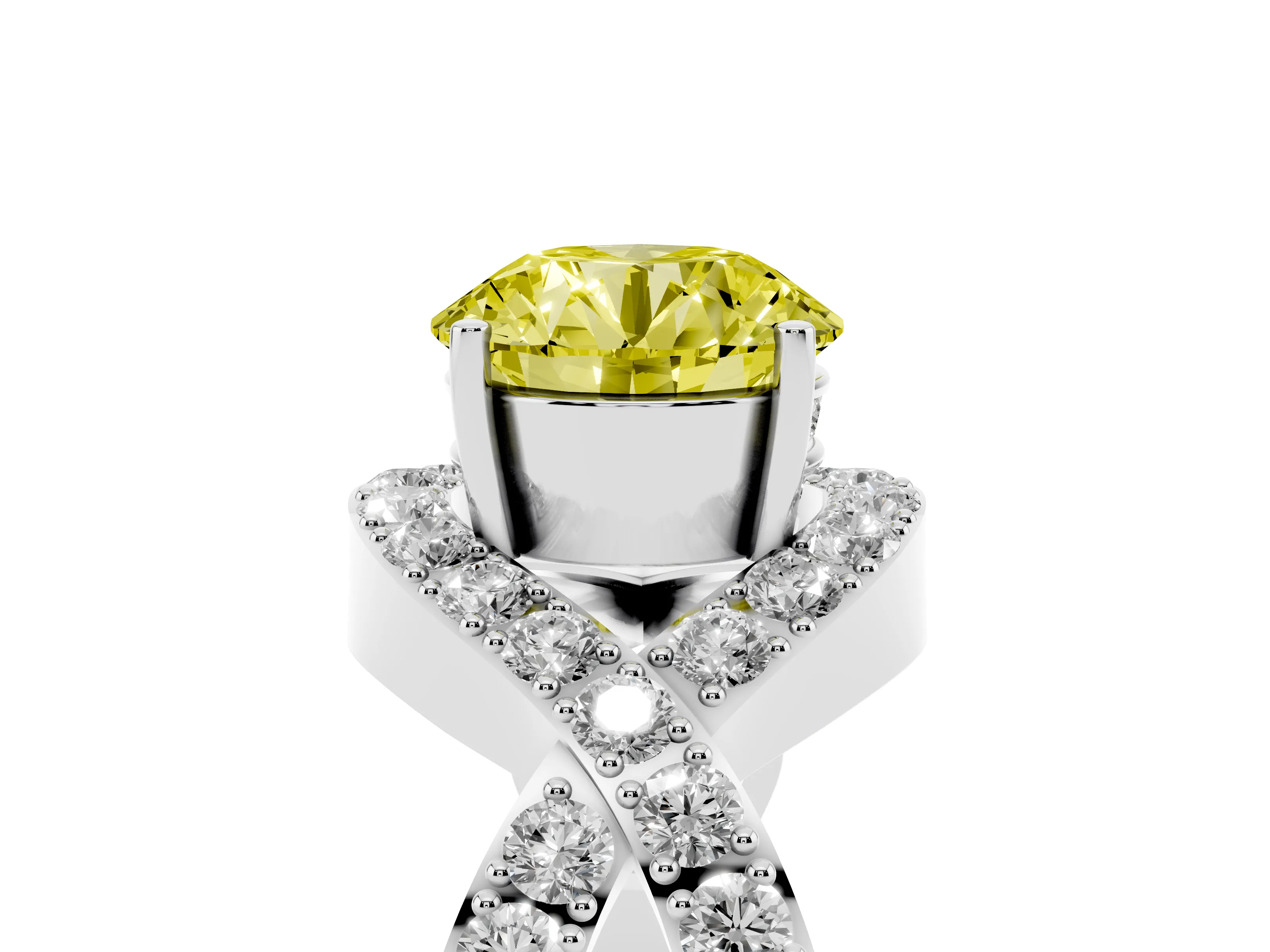 Fancy Yellow Round Cut Diamond Solitaire Twist Band Pavé Engagement Ring Set in Platinum