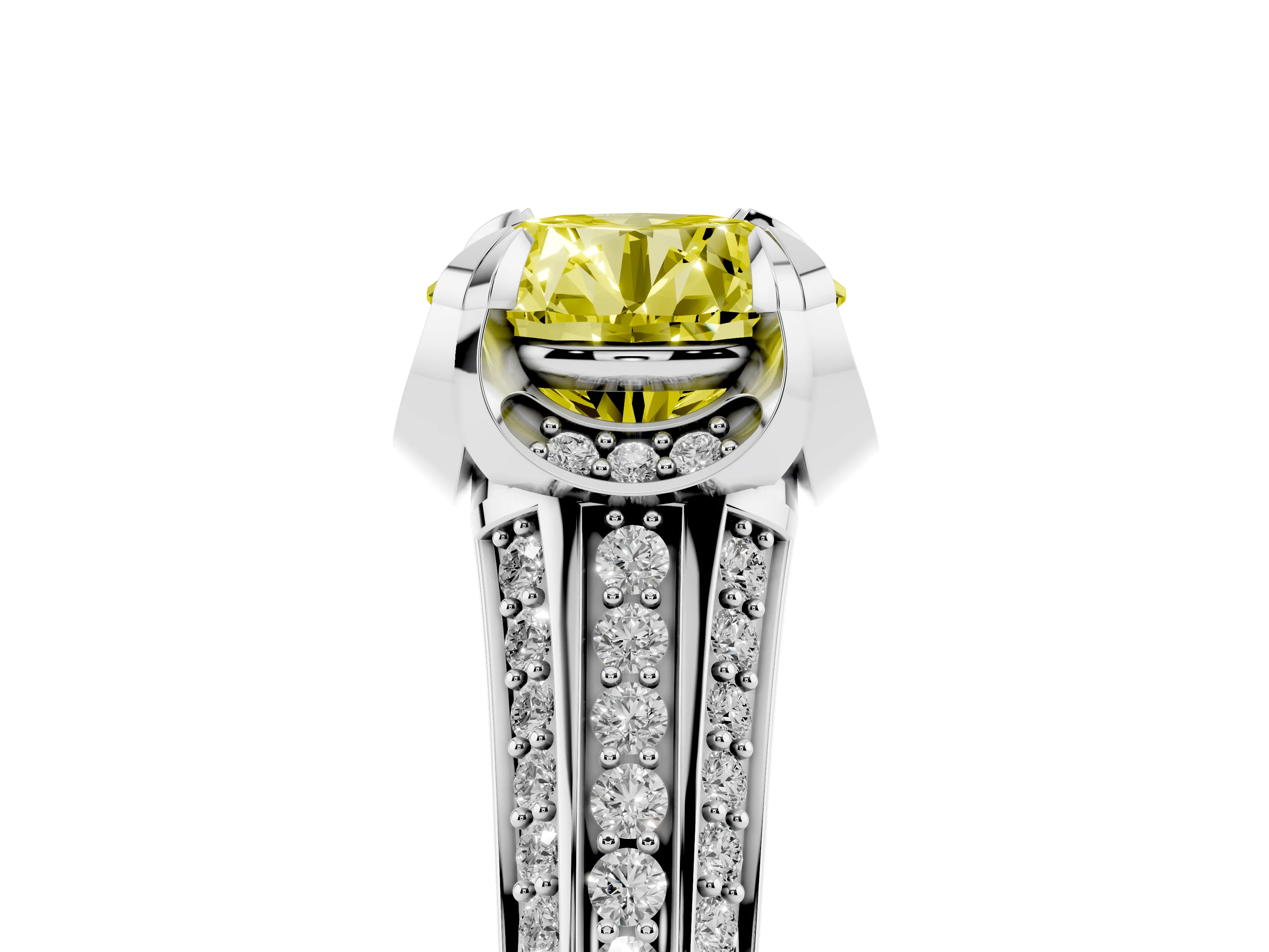 Fancy Yellow Round Cut Diamond Pavé Split Shank Solitaire Ring Set in Platinum with Prong Setting