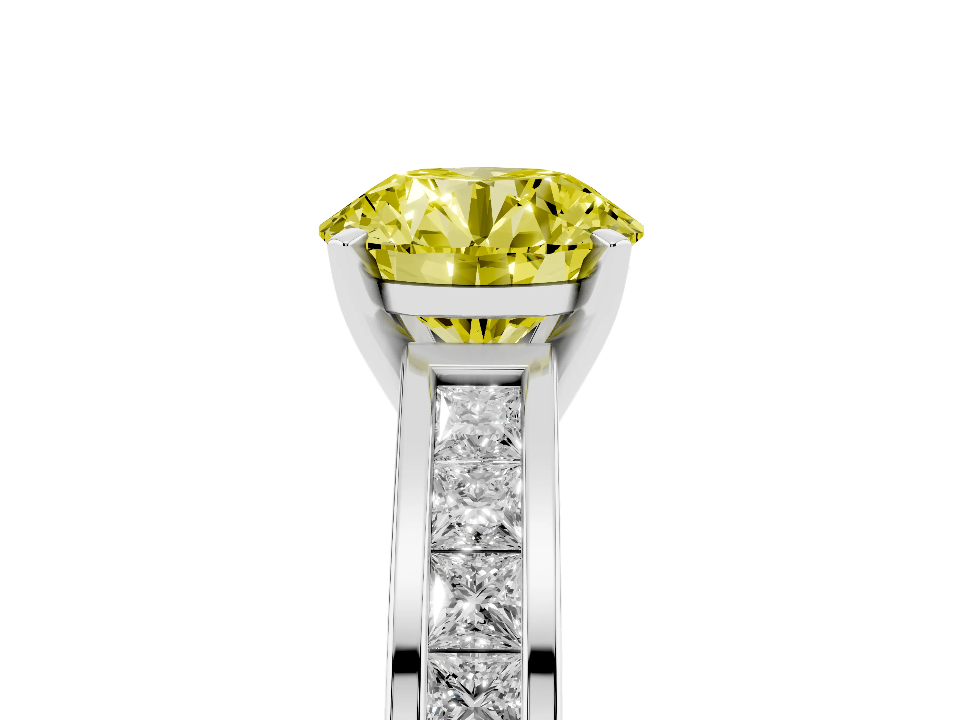 Fancy Yellow Round Cut Diamond Solitaire Ring Set in Silver with Channel-Set Band and Prong Setting