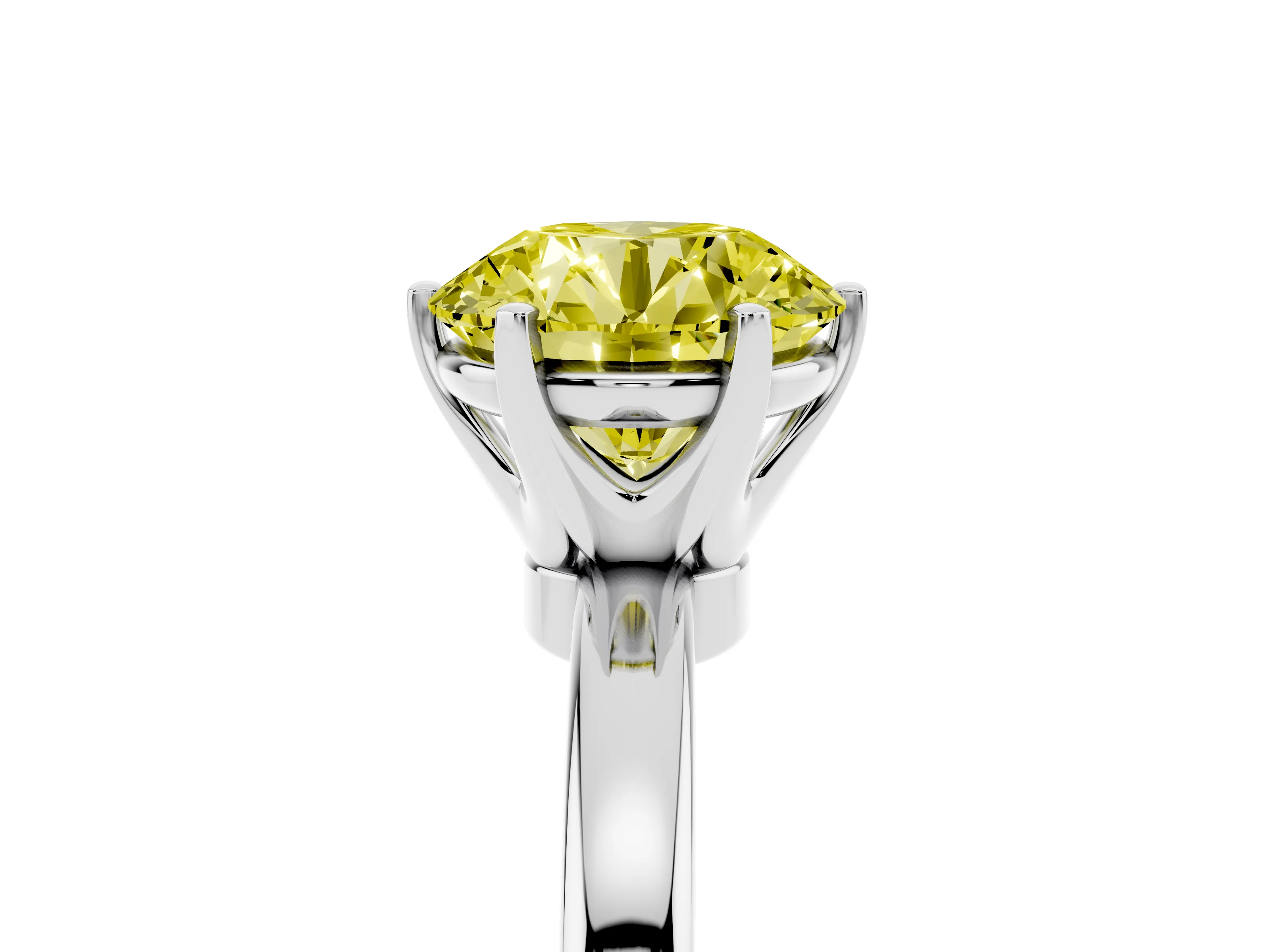 Fancy Yellow Round Cut Diamond Solitaire Ring Set in Platinum with Raised Prong Setting on a Classic Band