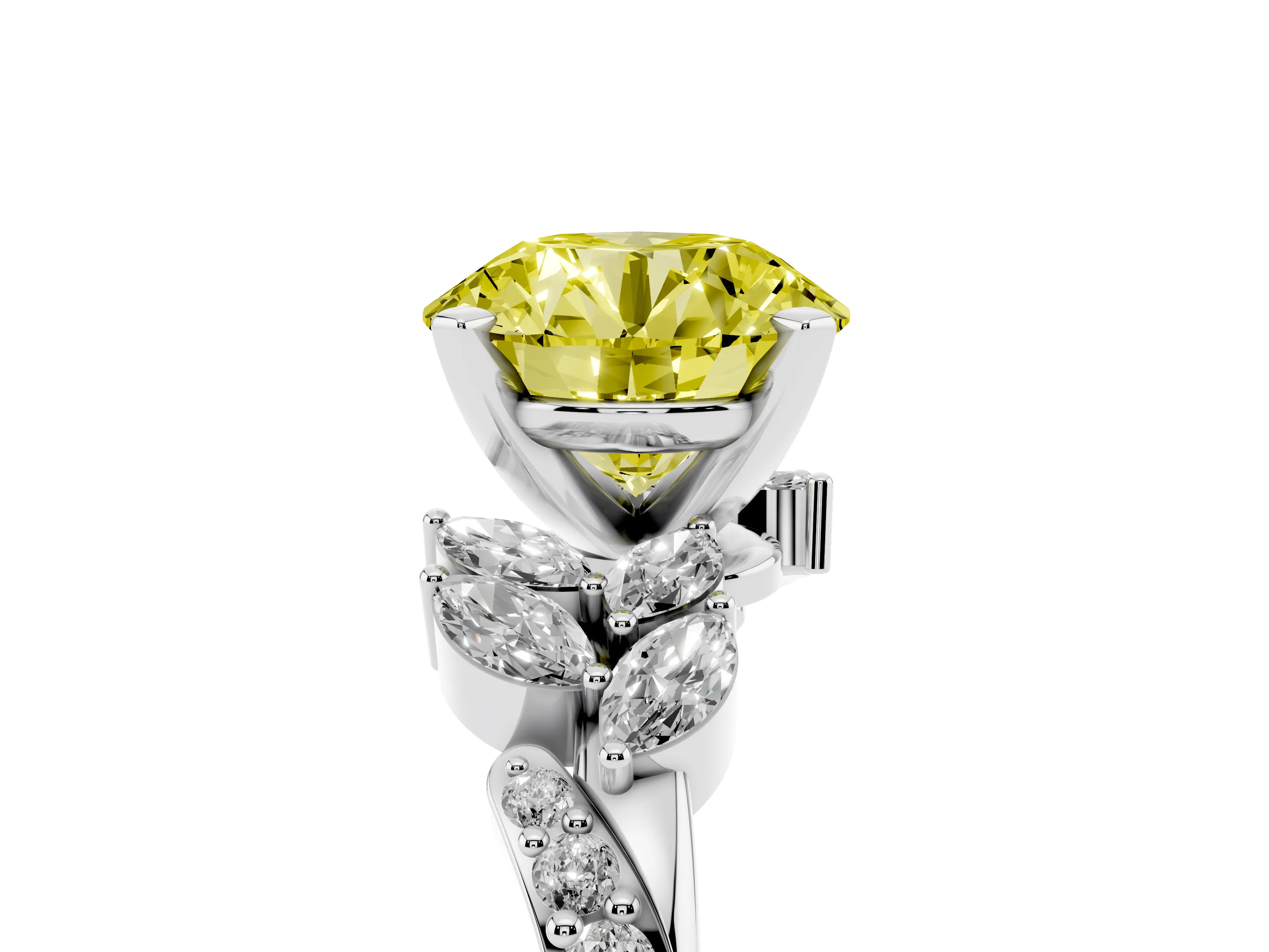 Fancy Yellow Round Cut Diamond Solitaire Ring Set in Silver with Marquise Twist Band and Prong Setting