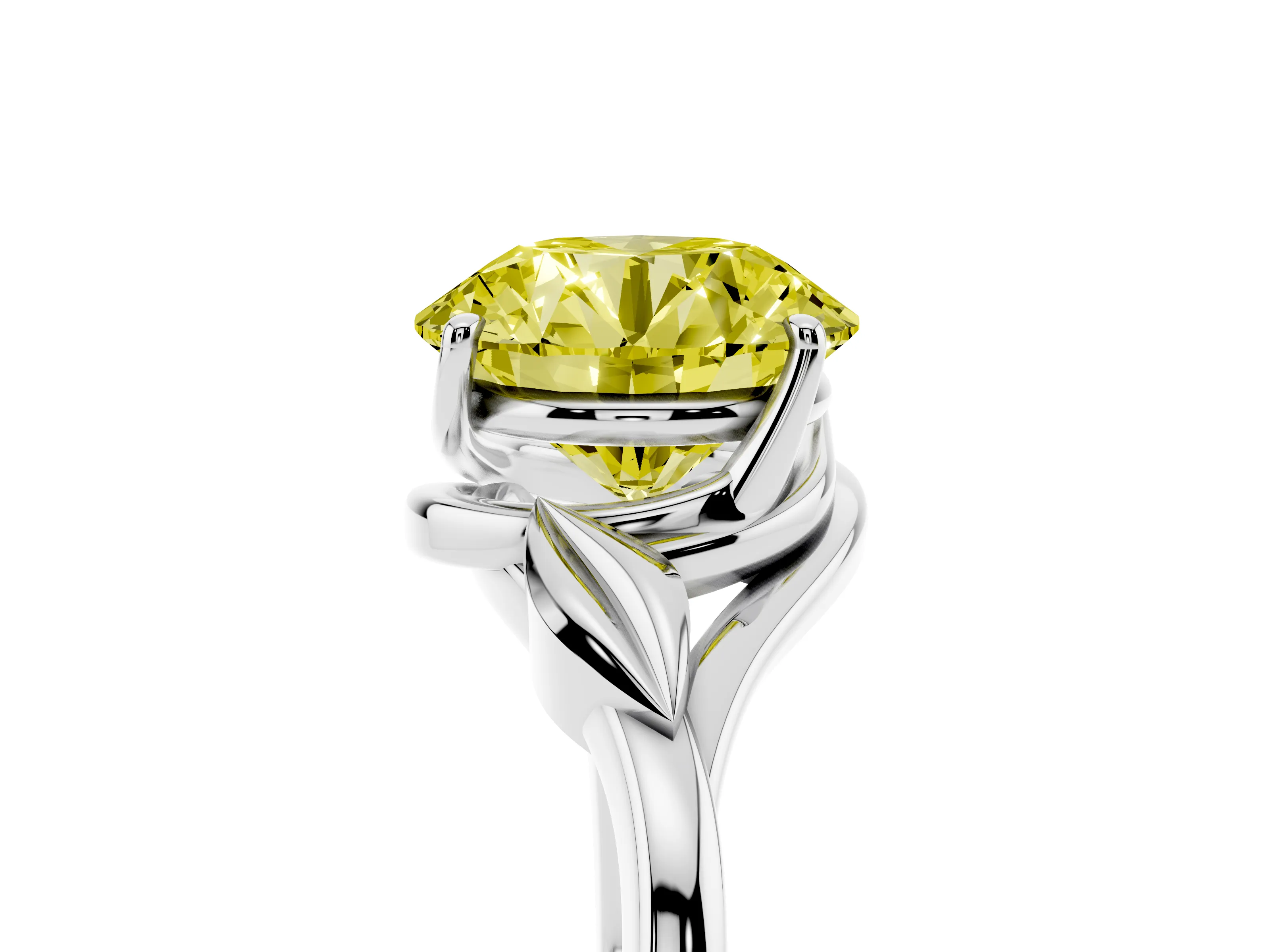 Fancy Yellow Round Cut Diamond Solitaire Ring Set in Platinum with Polished Twist Band