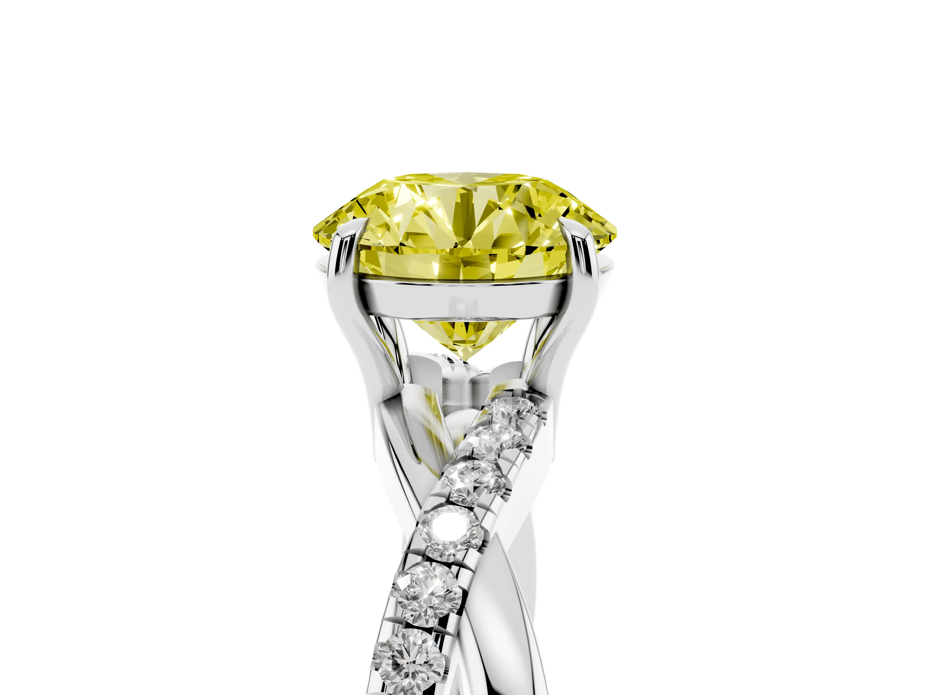 Fancy Yellow Round Cut Diamond Twisted Pavé Band Ring Set in Silver with Prong Setting