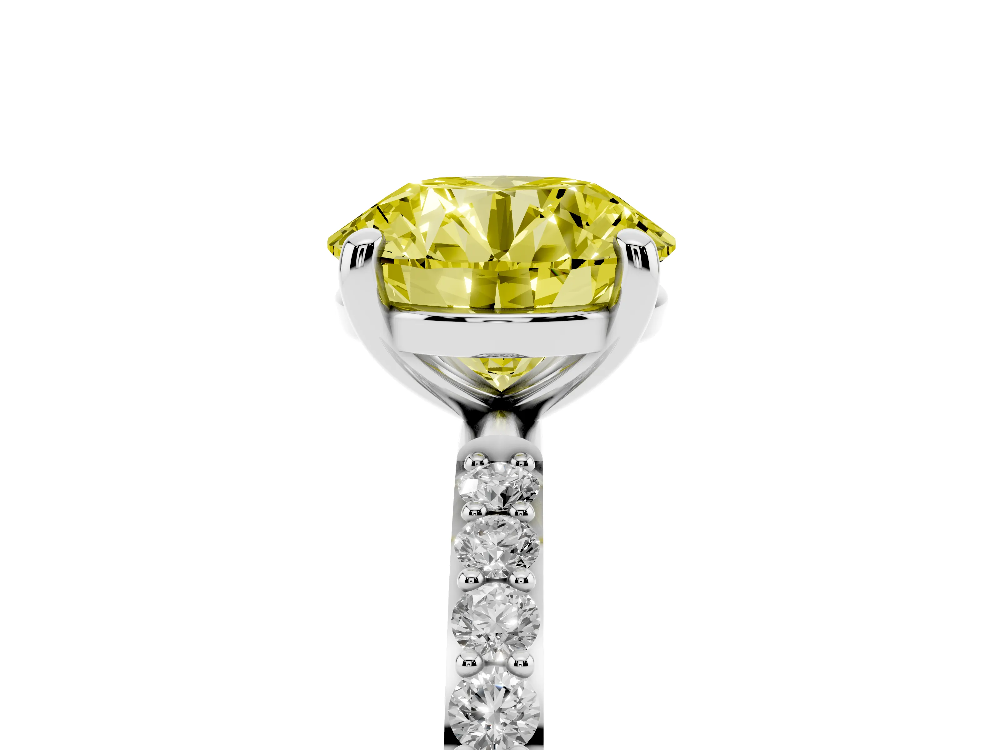 Fancy Yellow Round Cut Diamond Solitaire Ring Set in Platinum with Round Pavé Band and Prong Setting