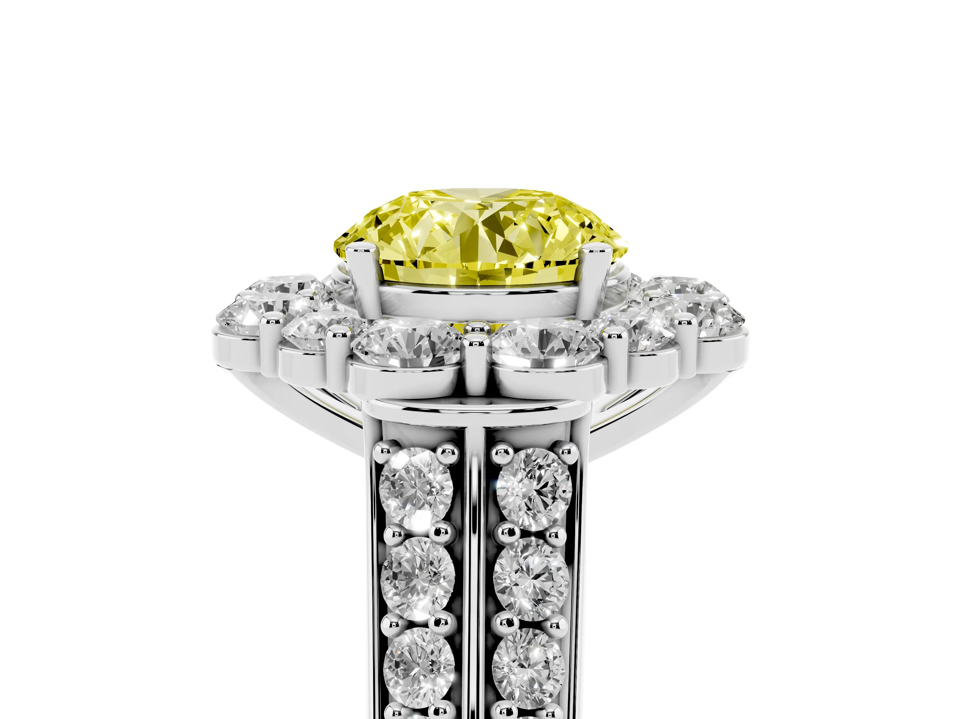 Fancy Yellow Round Cut Diamond Halo Engagement Ring Set in White gold with Split Shank and Prong Setting
