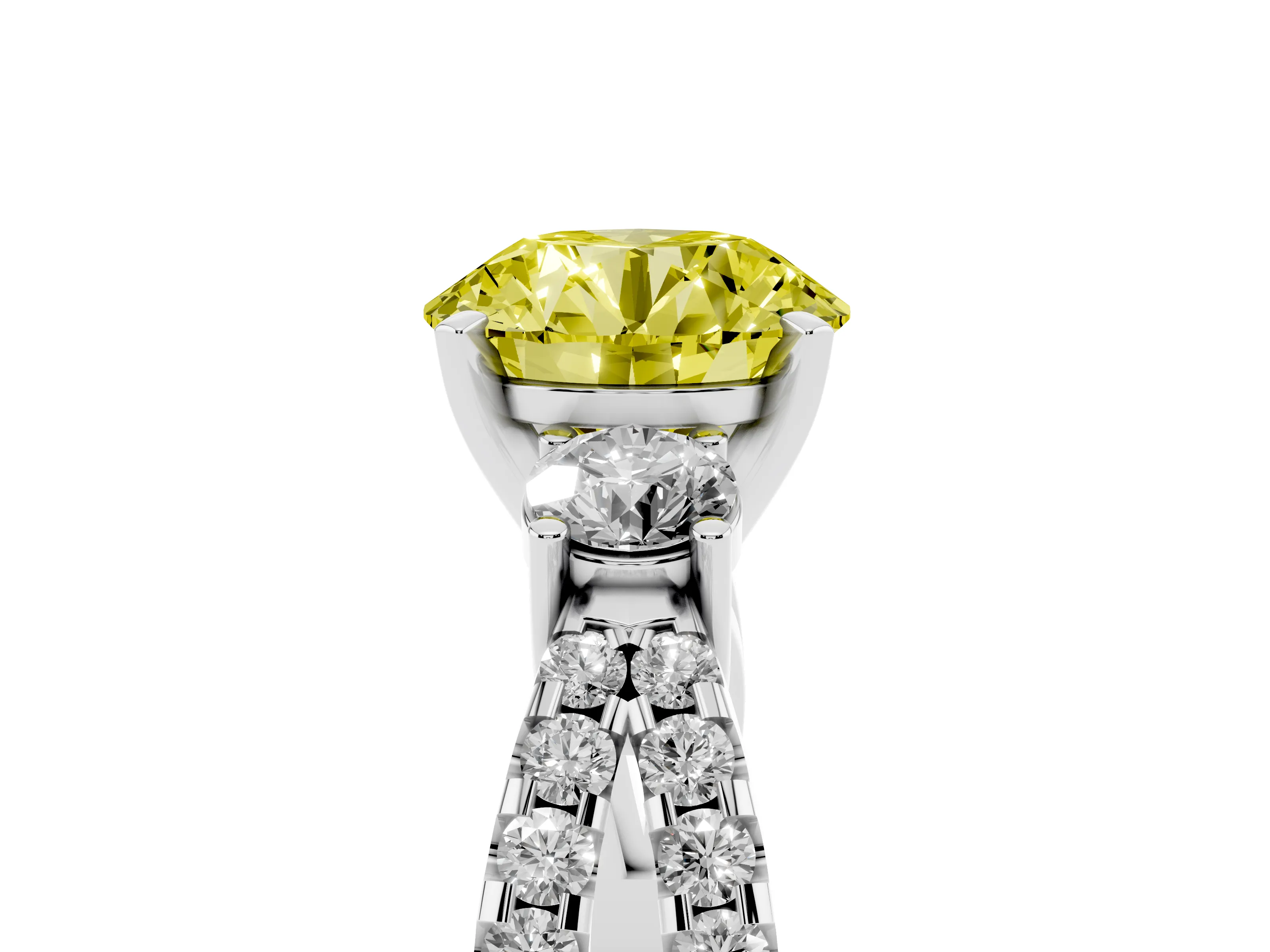 Fancy Yellow Round Cut Diamond Three-Stone Ring Set in White gold with Pavé Split Shank and Prong Setting