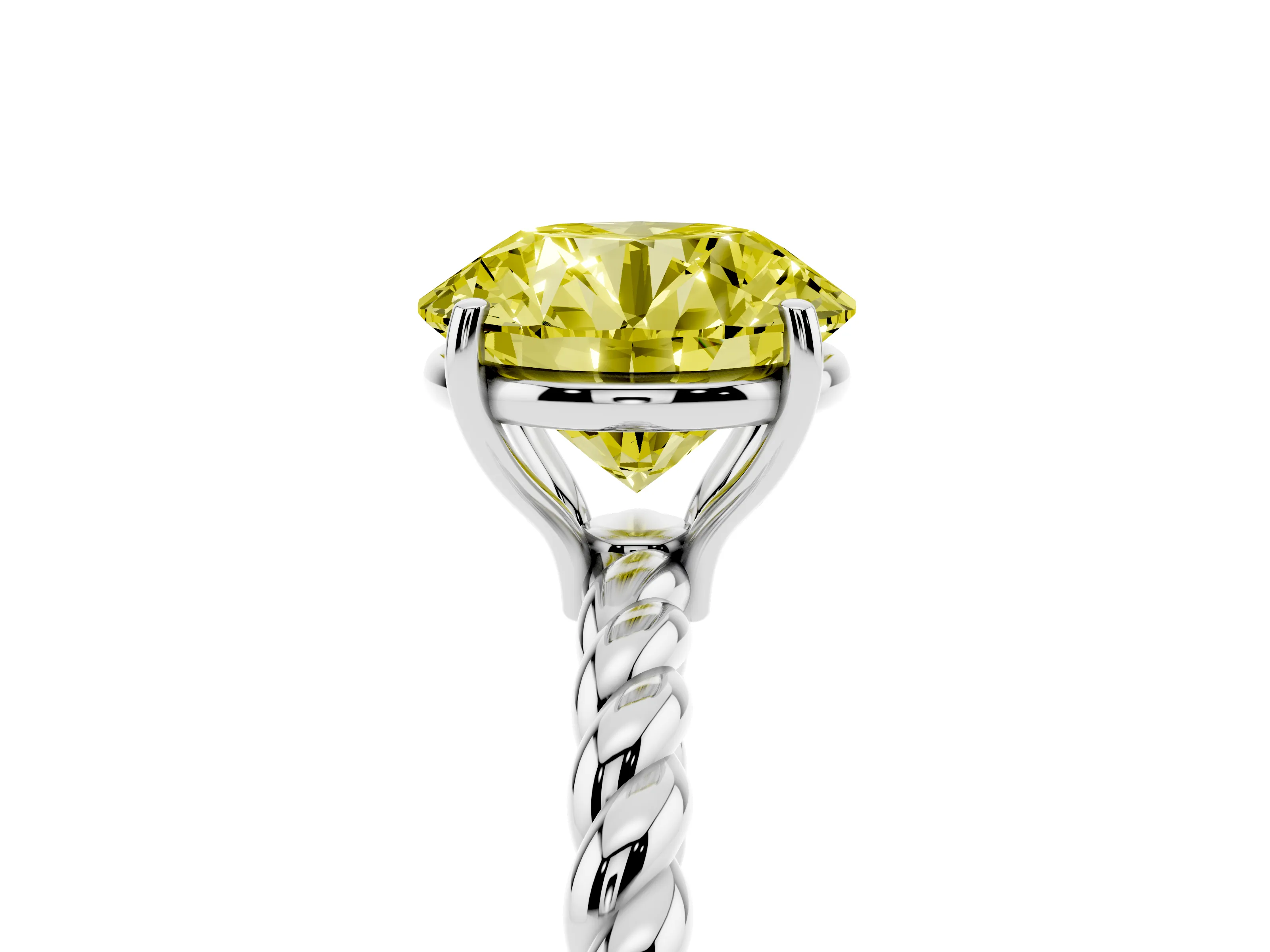 Fancy Yellow Round Cut Diamond Solitaire Ring Set in Platinum with Twist Band and Prong Setting