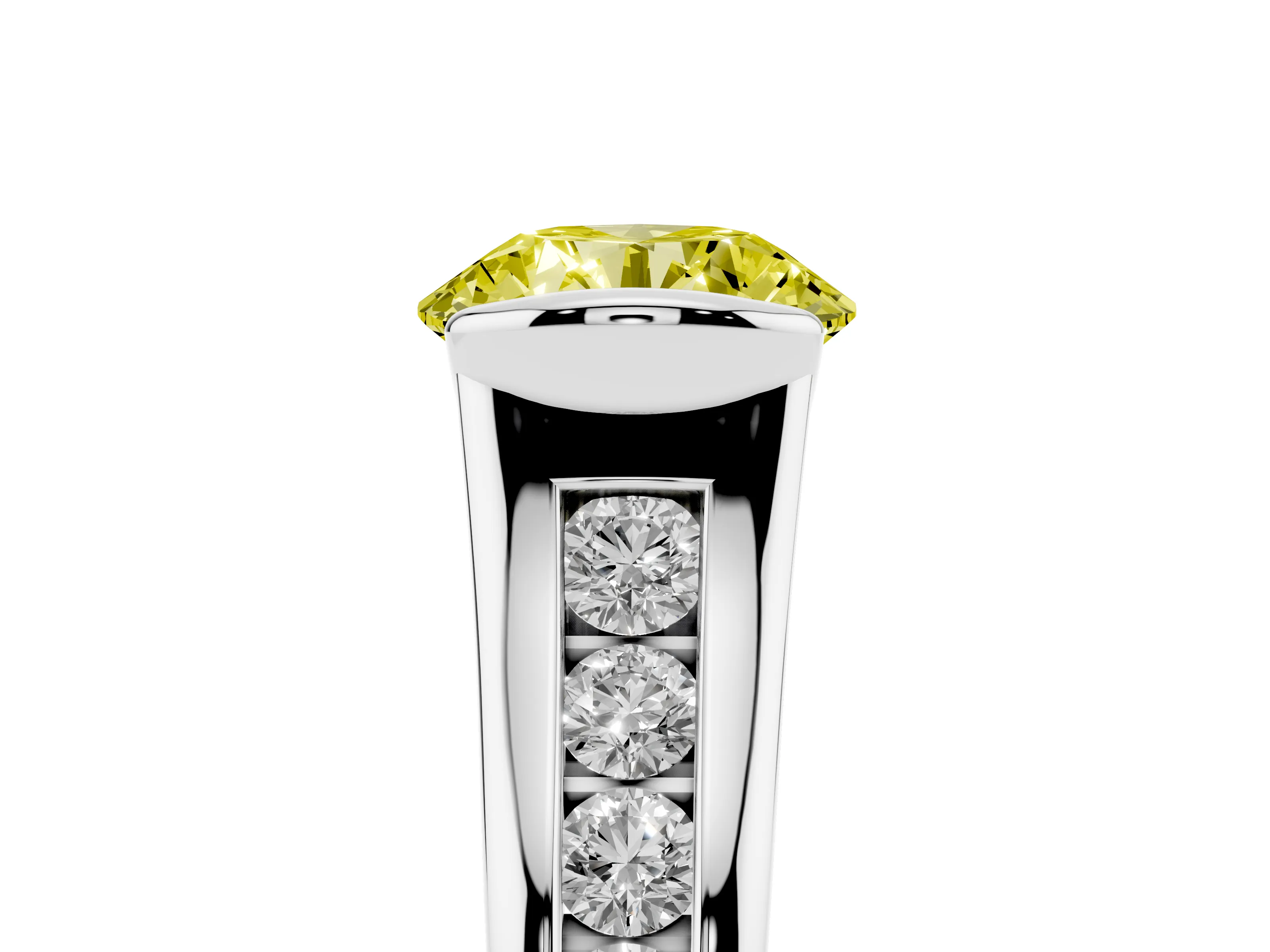 Fancy Yellow Round Cut Diamond Bezel-Set Solitaire Ring Set in White gold with Channel-Set Band
