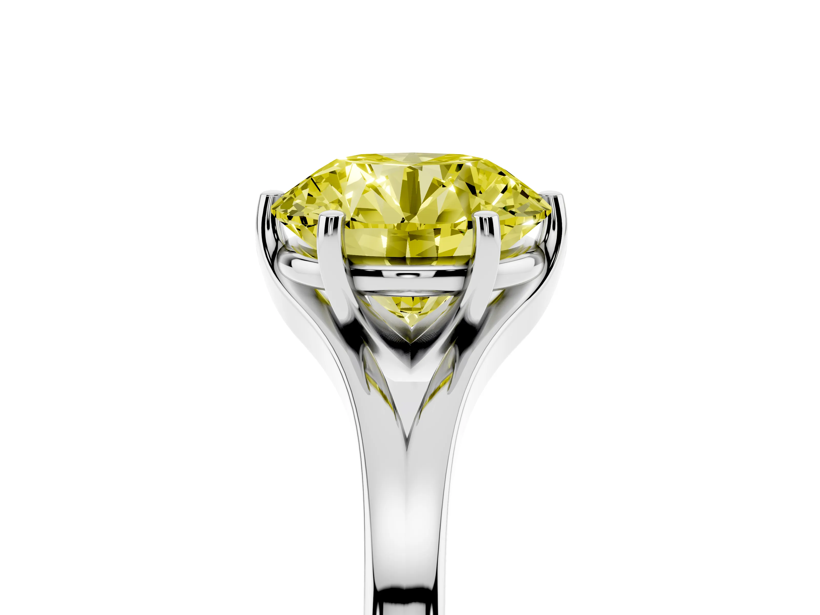Fancy Yellow Round Cut Diamond Solitaire Ring Set in Silver with Polished Tapered Band and Prong Setting