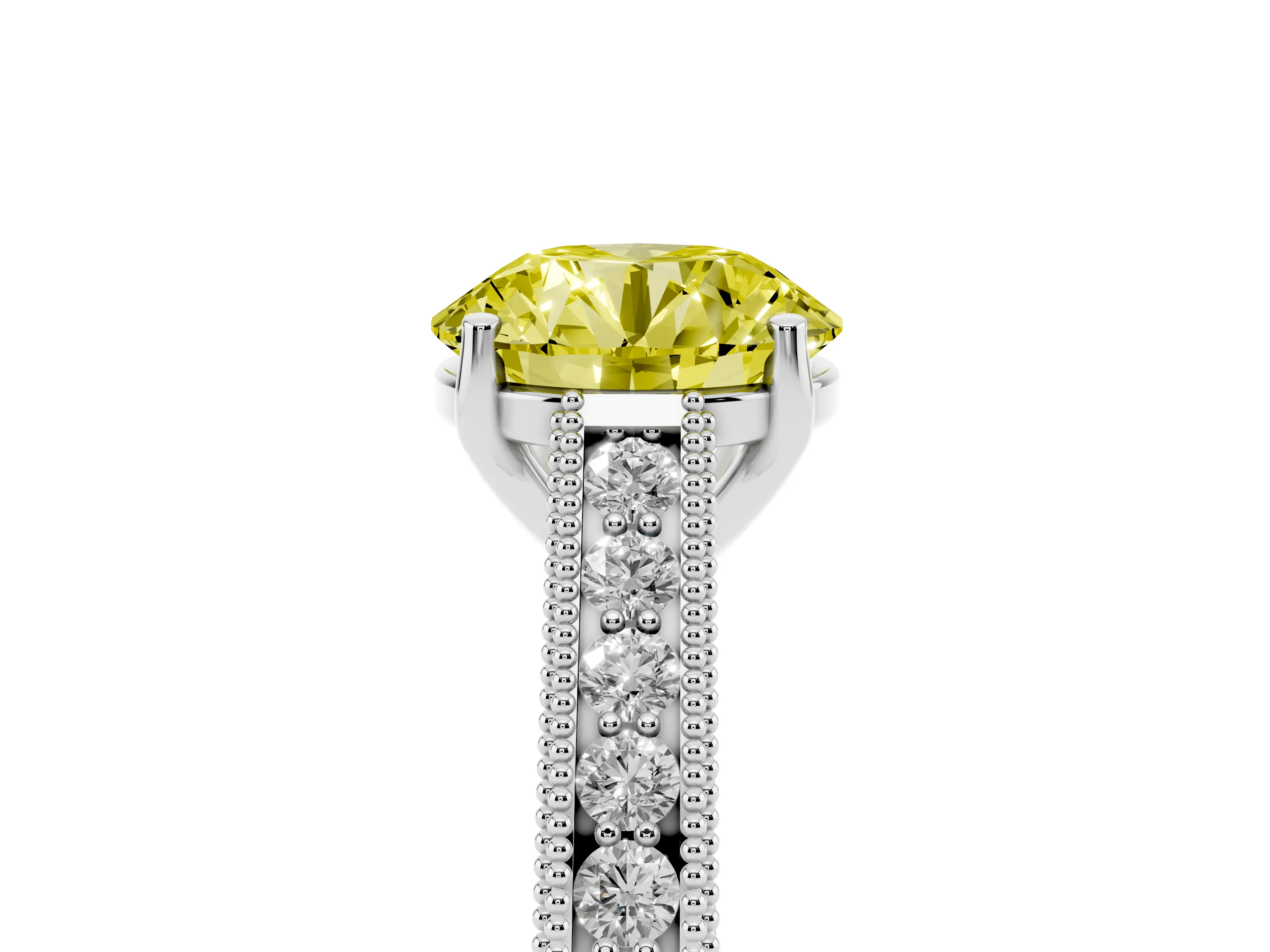 Fancy Yellow Round Cut Diamond Milgrain Pavé Band Solitaire Ring Set in Silver with Prong Setting