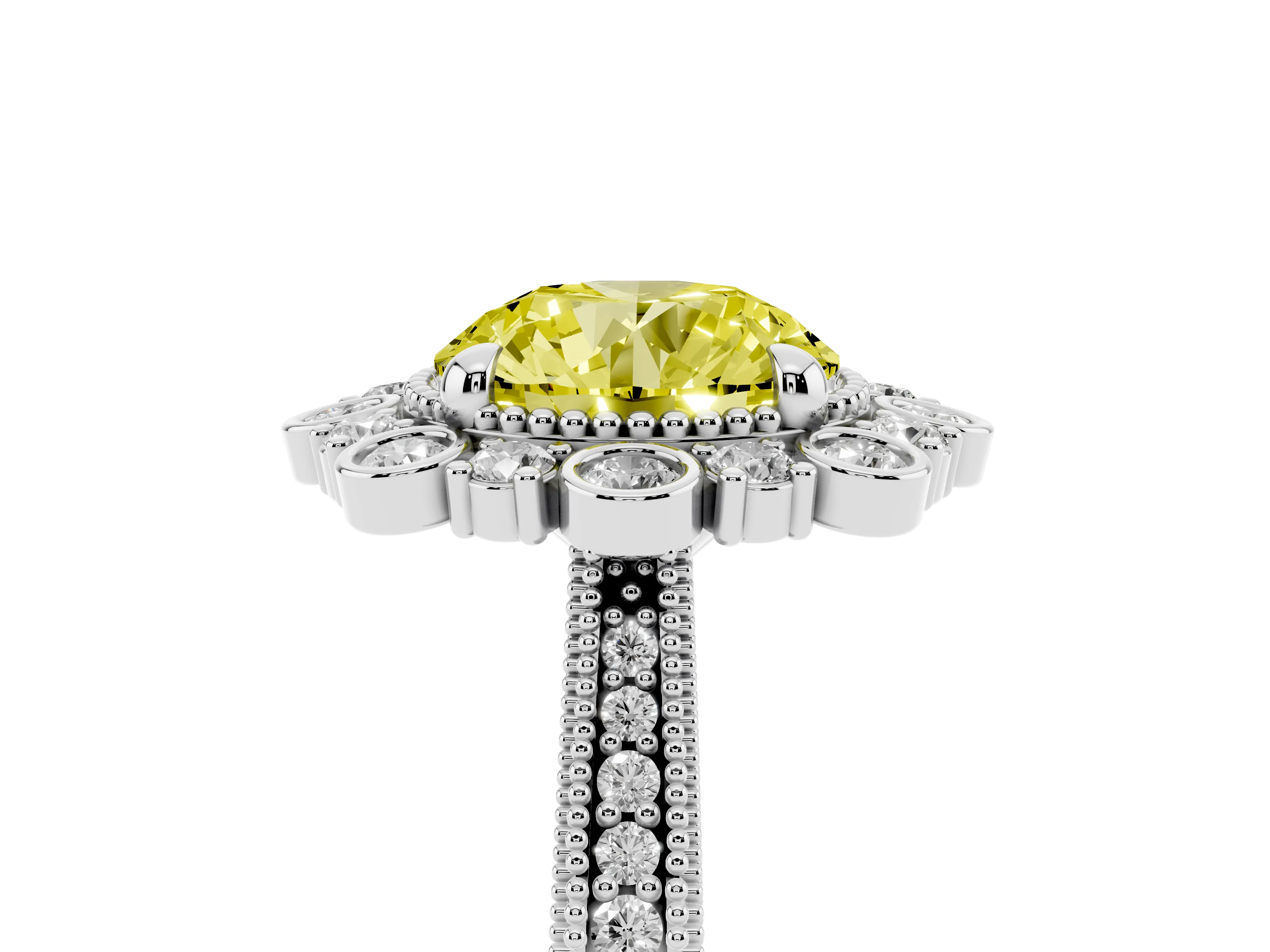 Fancy Yellow Round Cut Diamond Halo Milgrain Pavé Ring Set in White gold with Prong Setting