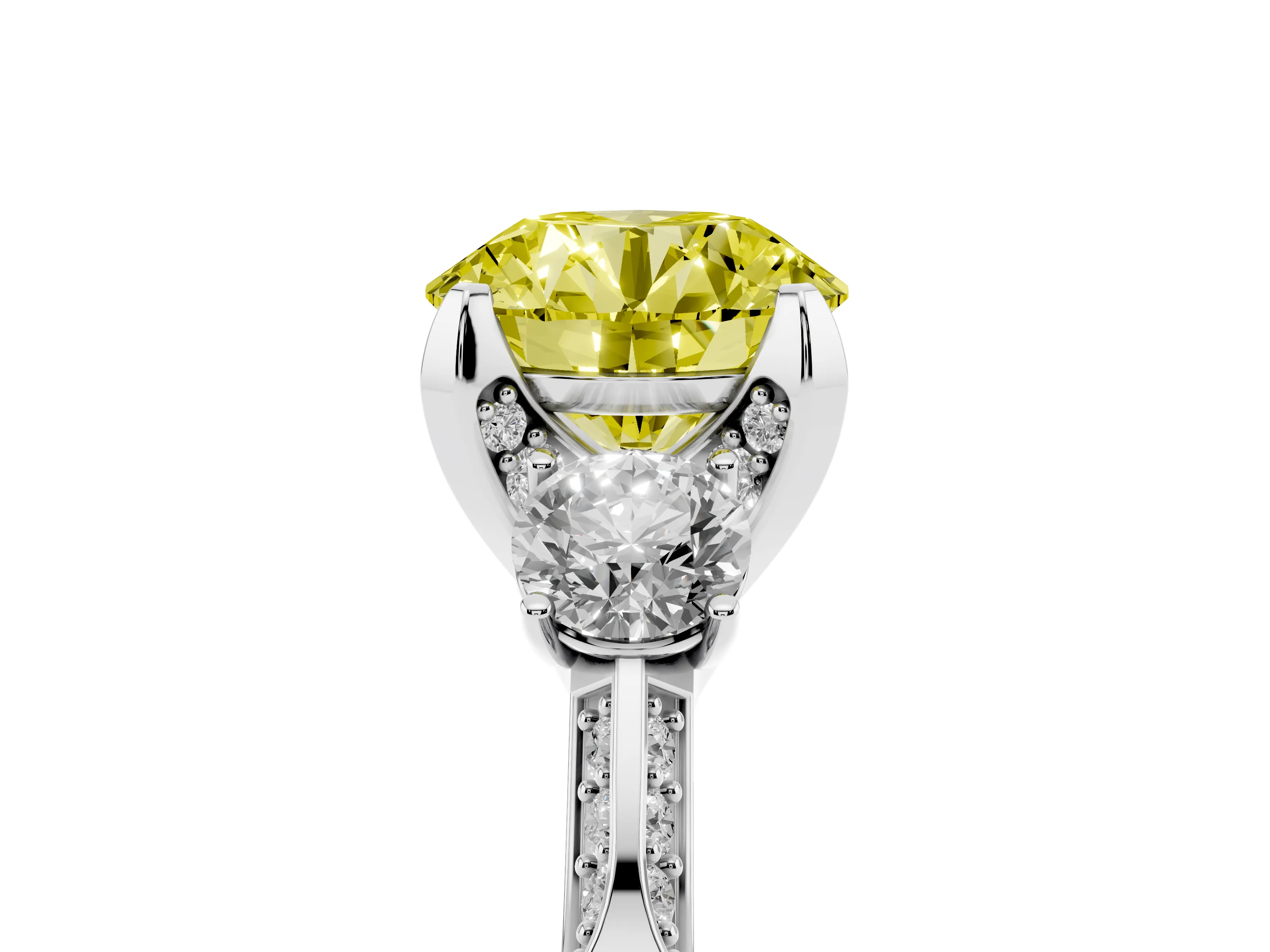 Fancy Yellow Round Cut Diamond Three-Stone Ring Set in Silver with Pavé Band and Smaller Side Stones