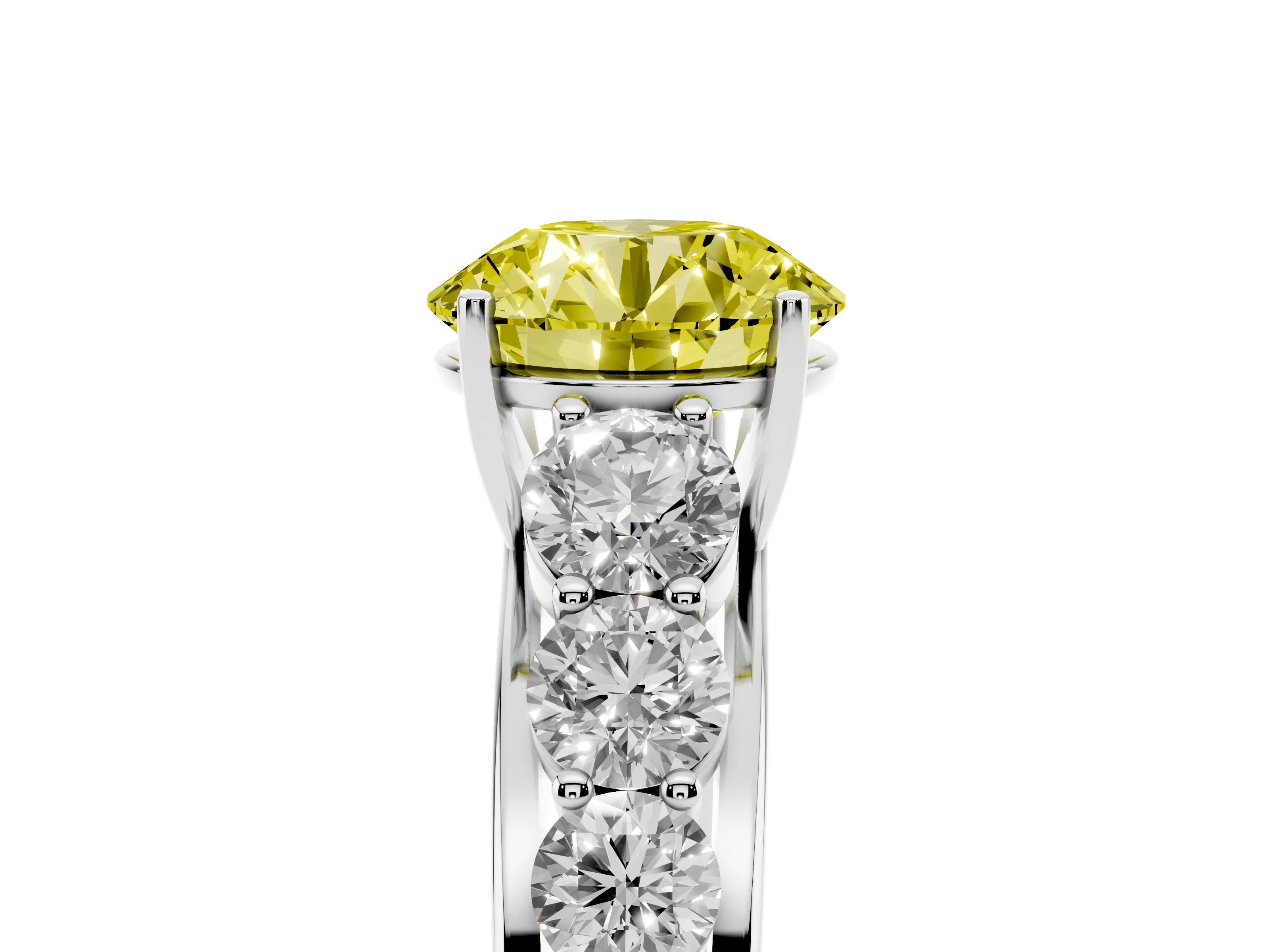 Fancy Yellow Round Cut Diamond Solitaire Ring Set in Platinum with Pavé-Set Band and Prong Setting
