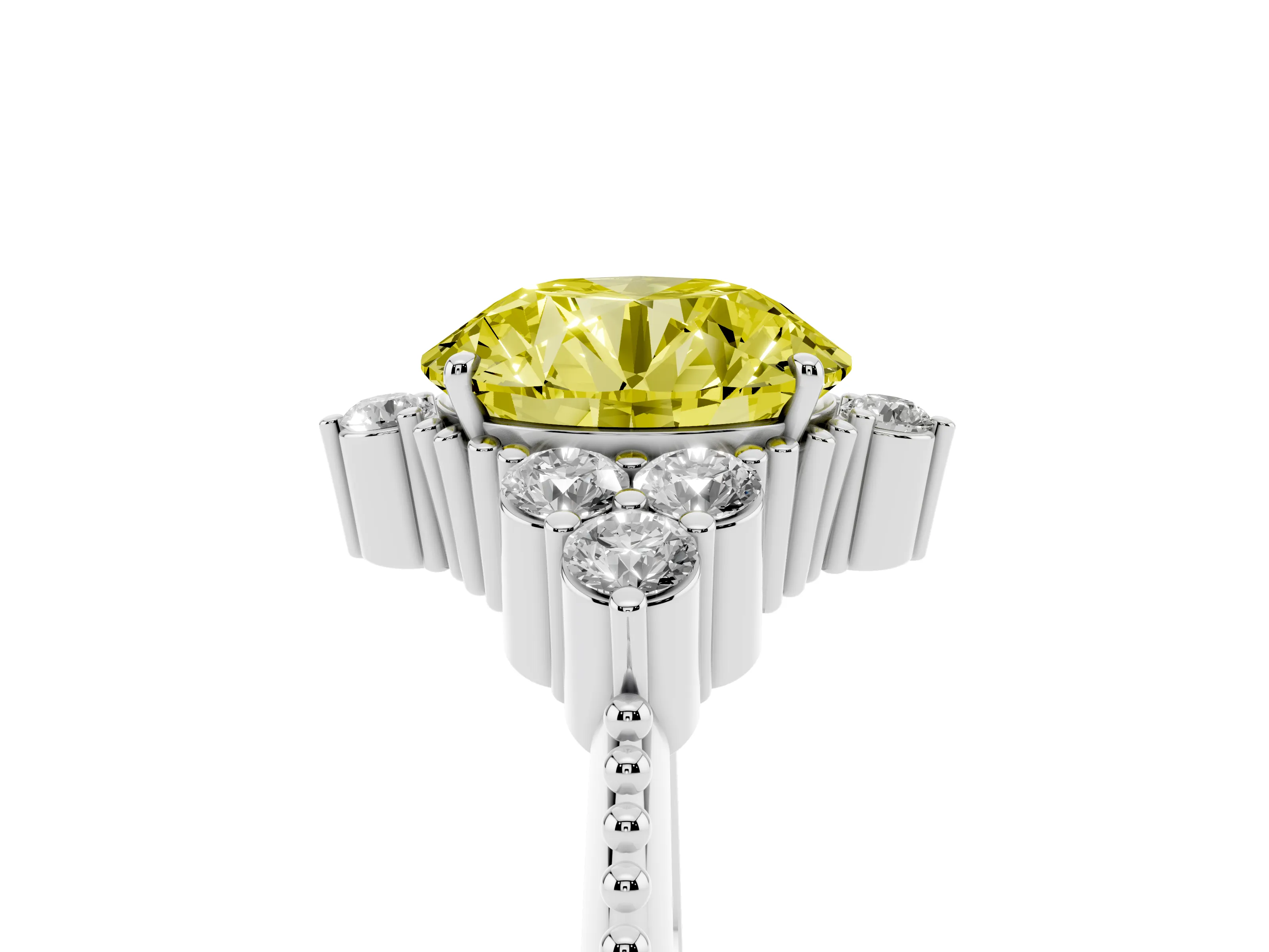 Fancy Yellow Round Cut Diamond Cluster Ring Set in Silver with Beaded Band