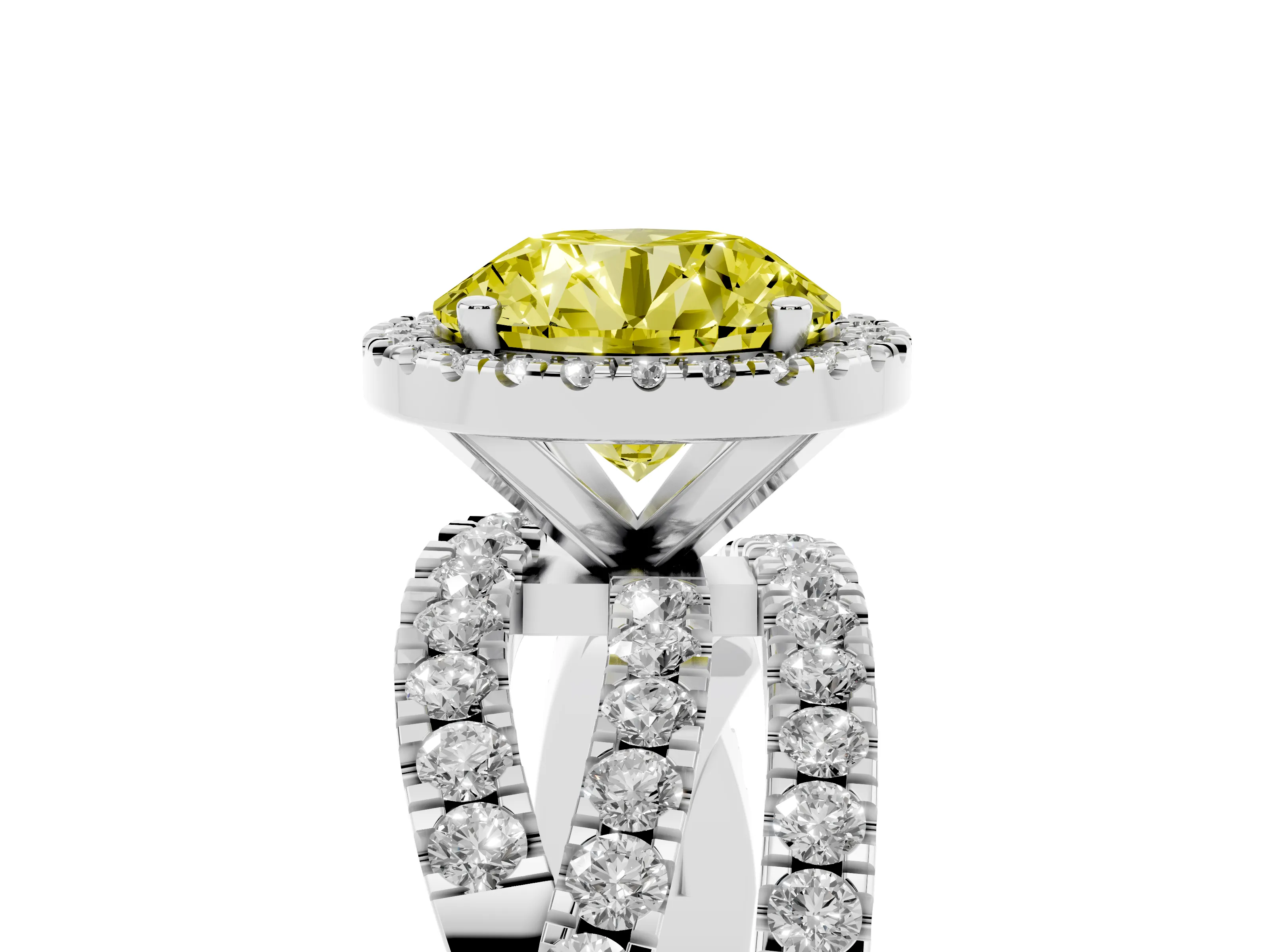 Fancy Yellow Round Cut Diamond Halo Ring Set in Platinum with Round Crossover Split Shank and Prong Setting