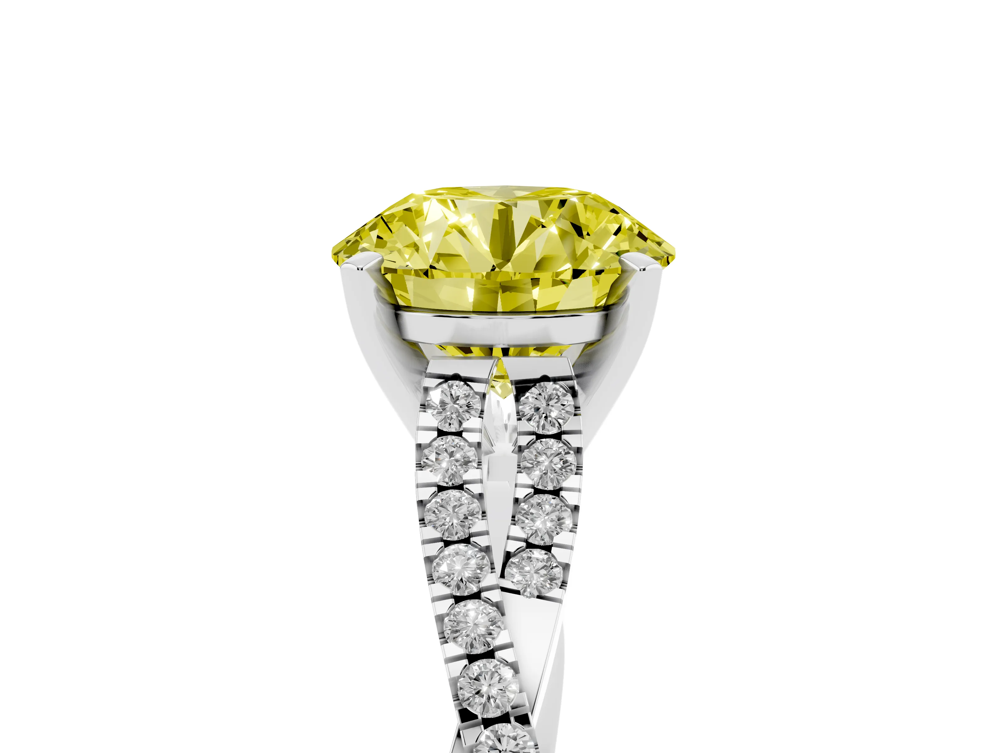 Fancy Yellow Round Cut Diamond Solitaire Engagement Ring Set in White gold with Twisted Pavé Band and Prong Setting