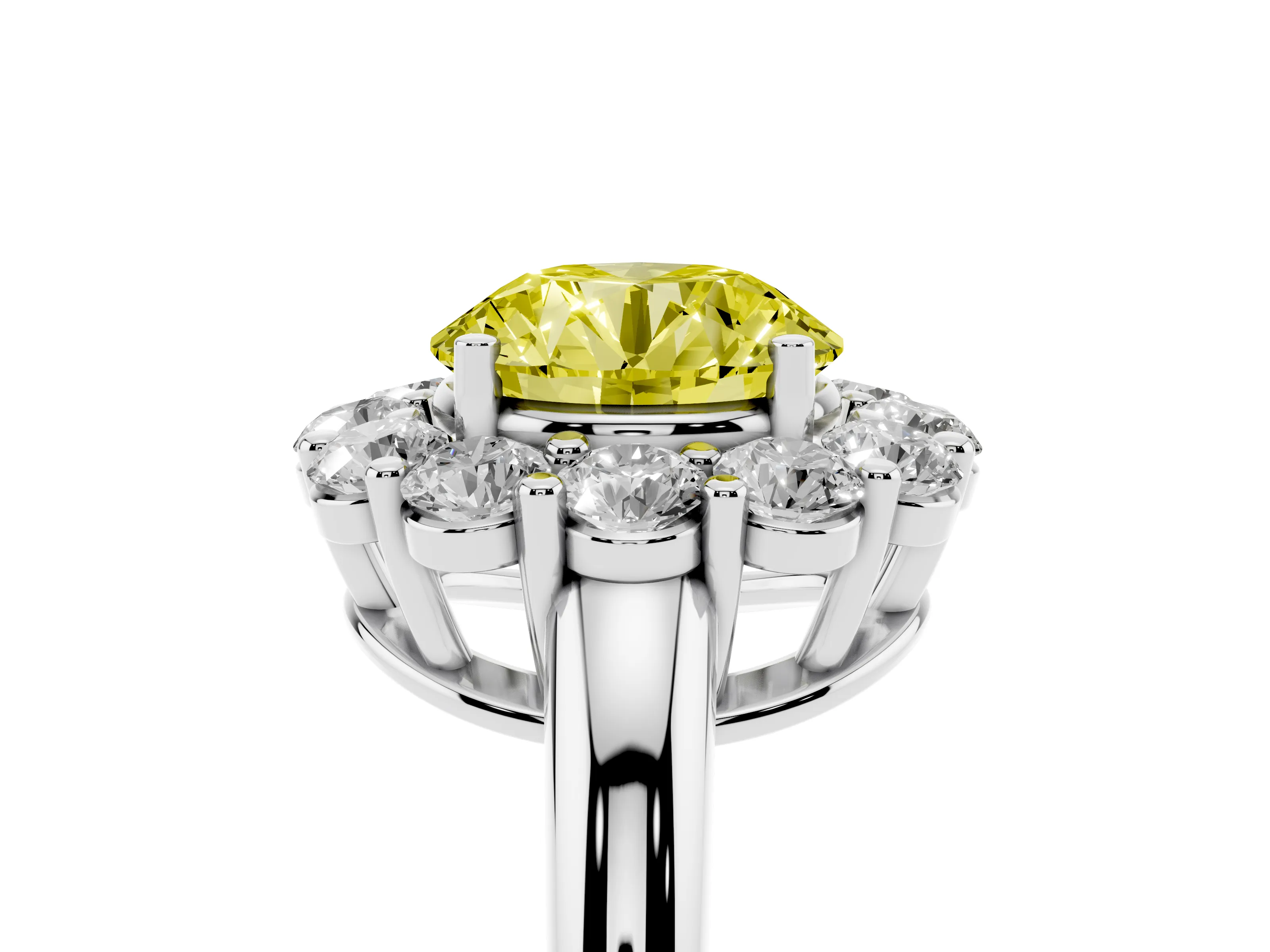Fancy Yellow Round Cut Diamond Halo Cluster Engagement Ring Set in White gold with Polished Band and Prong Setting