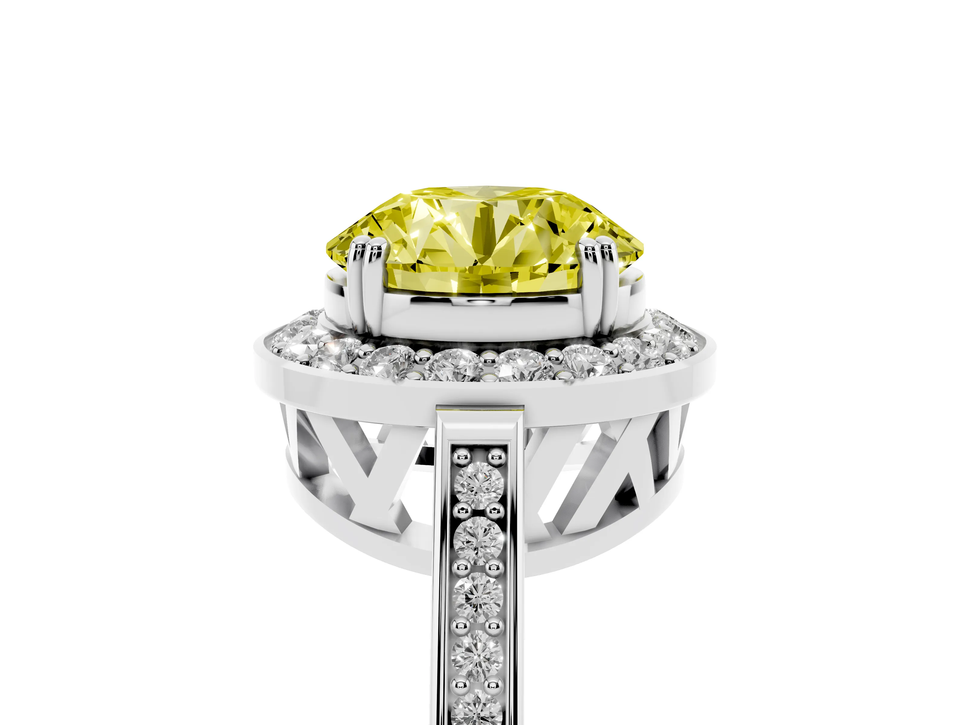 Fancy Yellow Round Cut Diamond Halo Ring Set in Silver with Accent-Lined Split Shank and Prong Setting