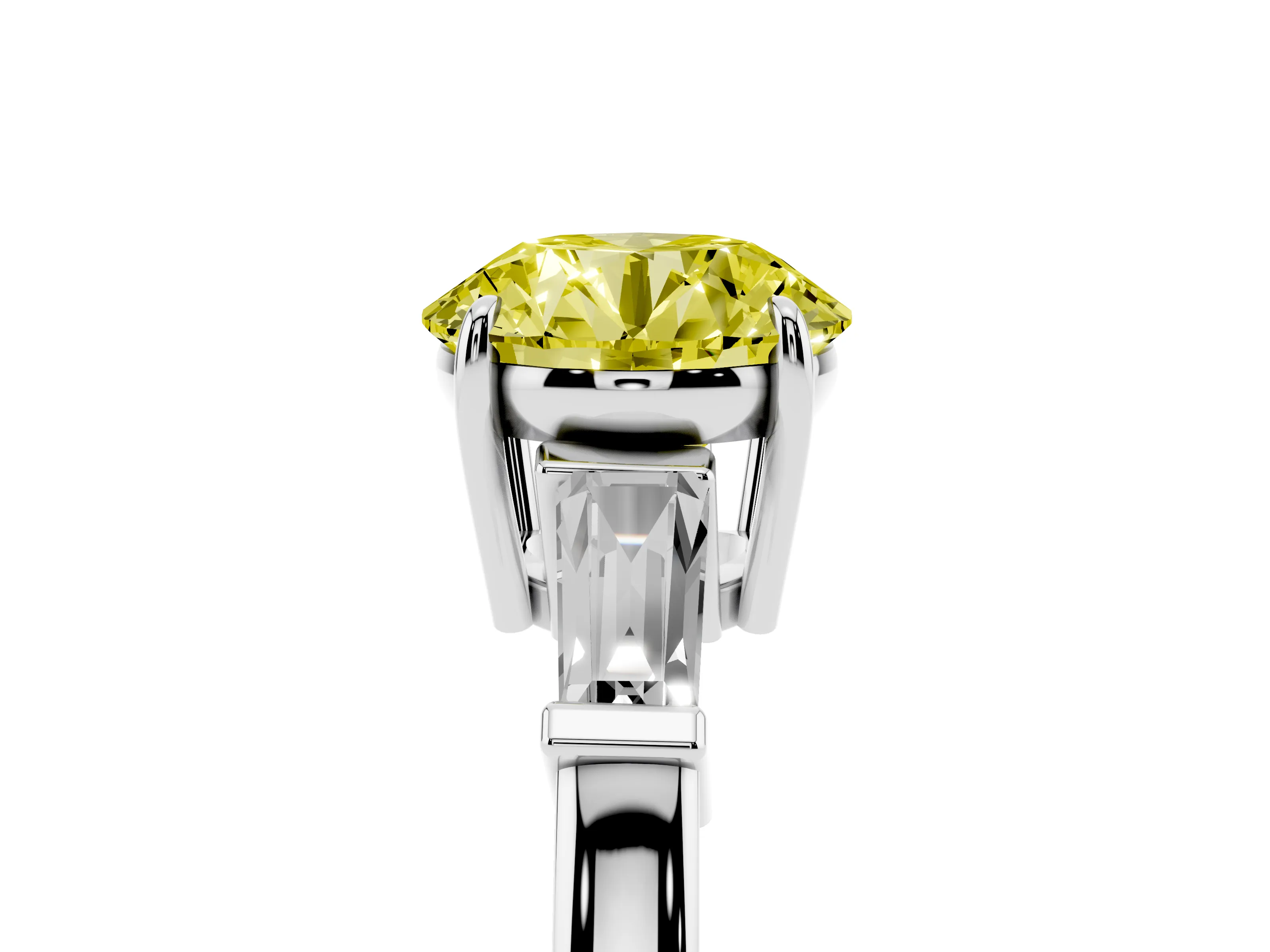 Fancy Yellow Round Cut Diamond Three-Stone Ring Set in White gold with Tapered Baguette Side Stones and Prong Setting
