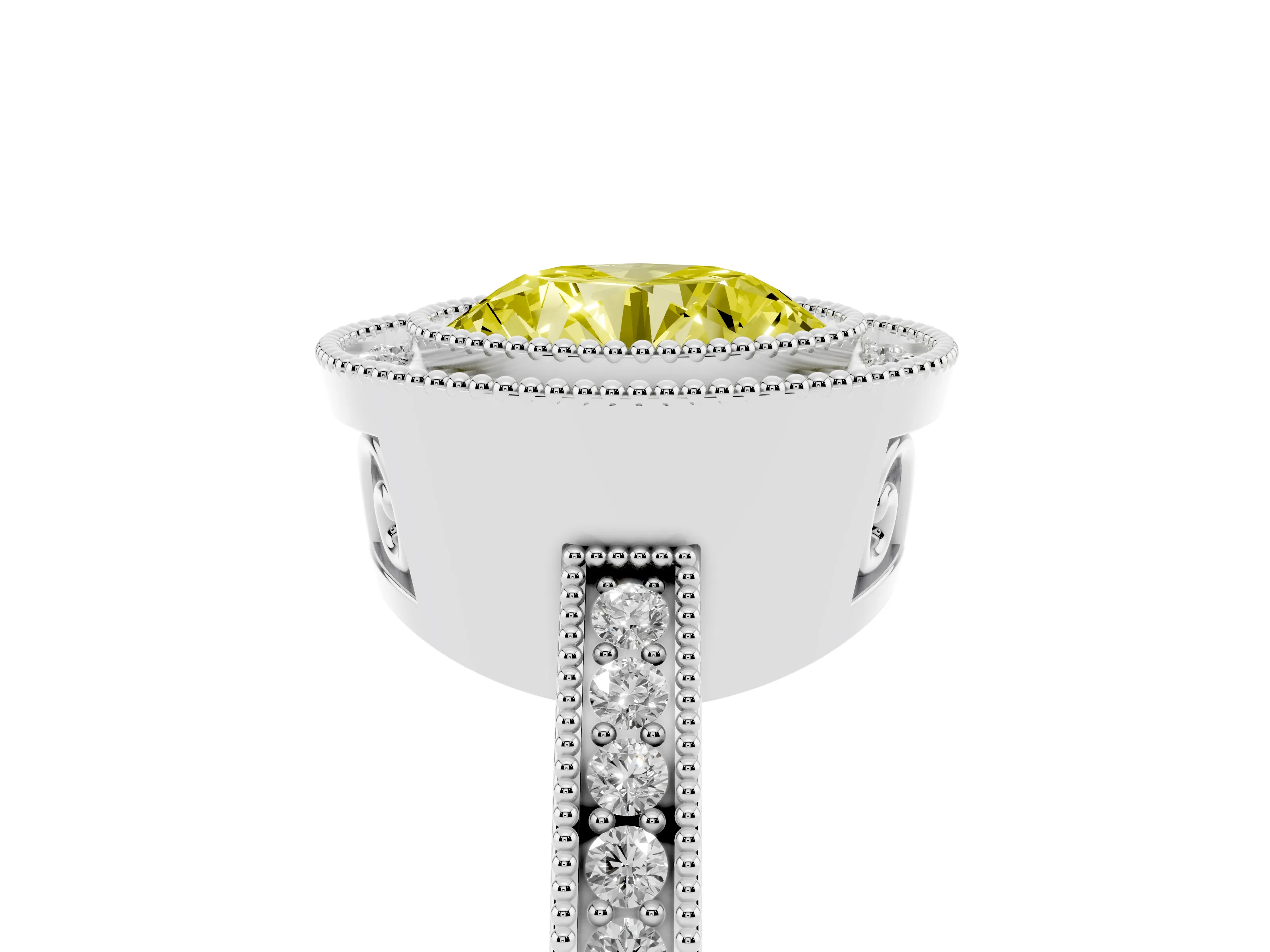 Fancy Yellow Round Cut Diamond Halo Ring Set in White gold with Pavé Band and Milgrain-Edged Prongs