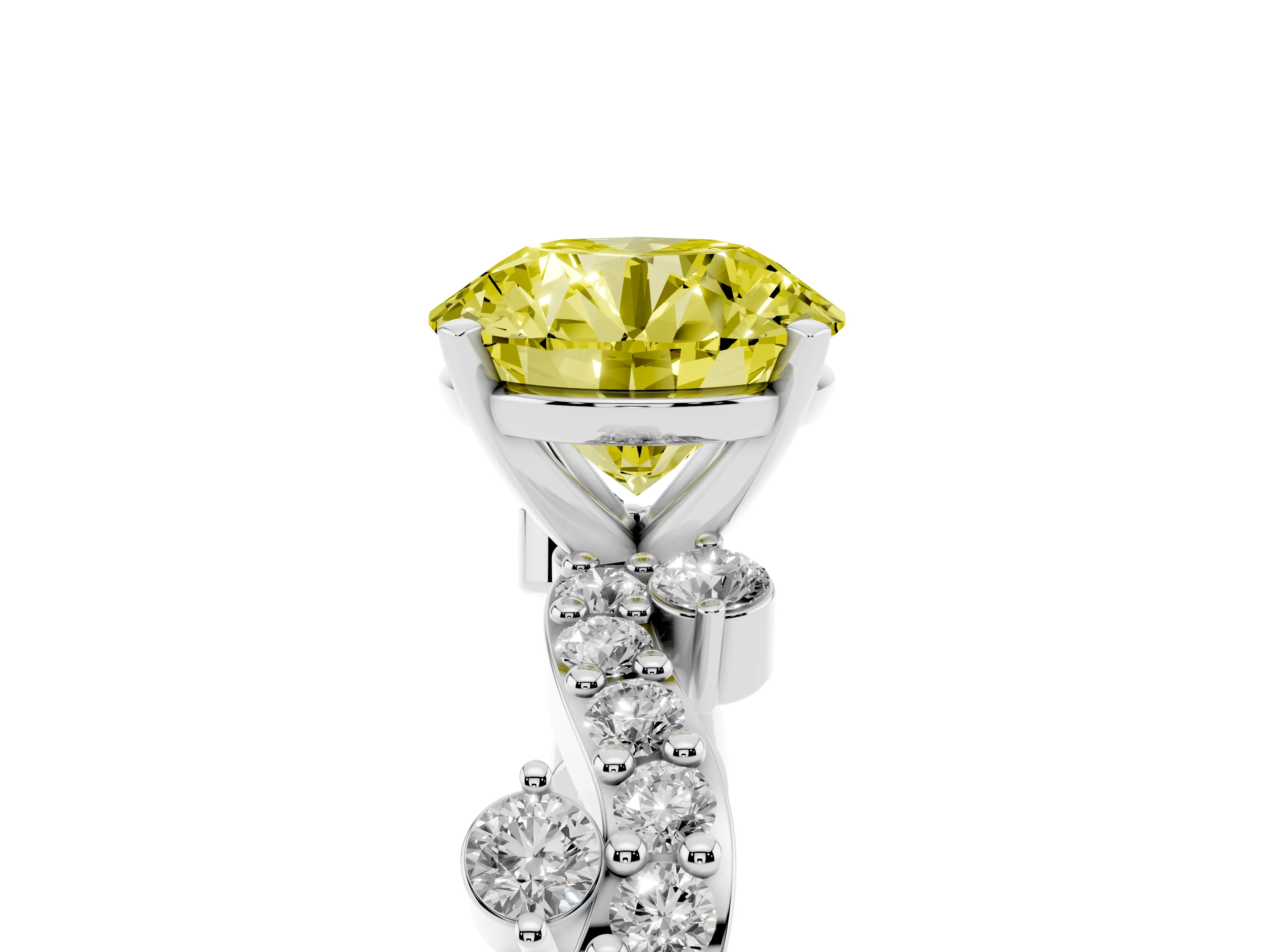 Fancy Yellow Round Cut Diamond Solitaire Twisted Band Set in Platinum with Pavé Setting