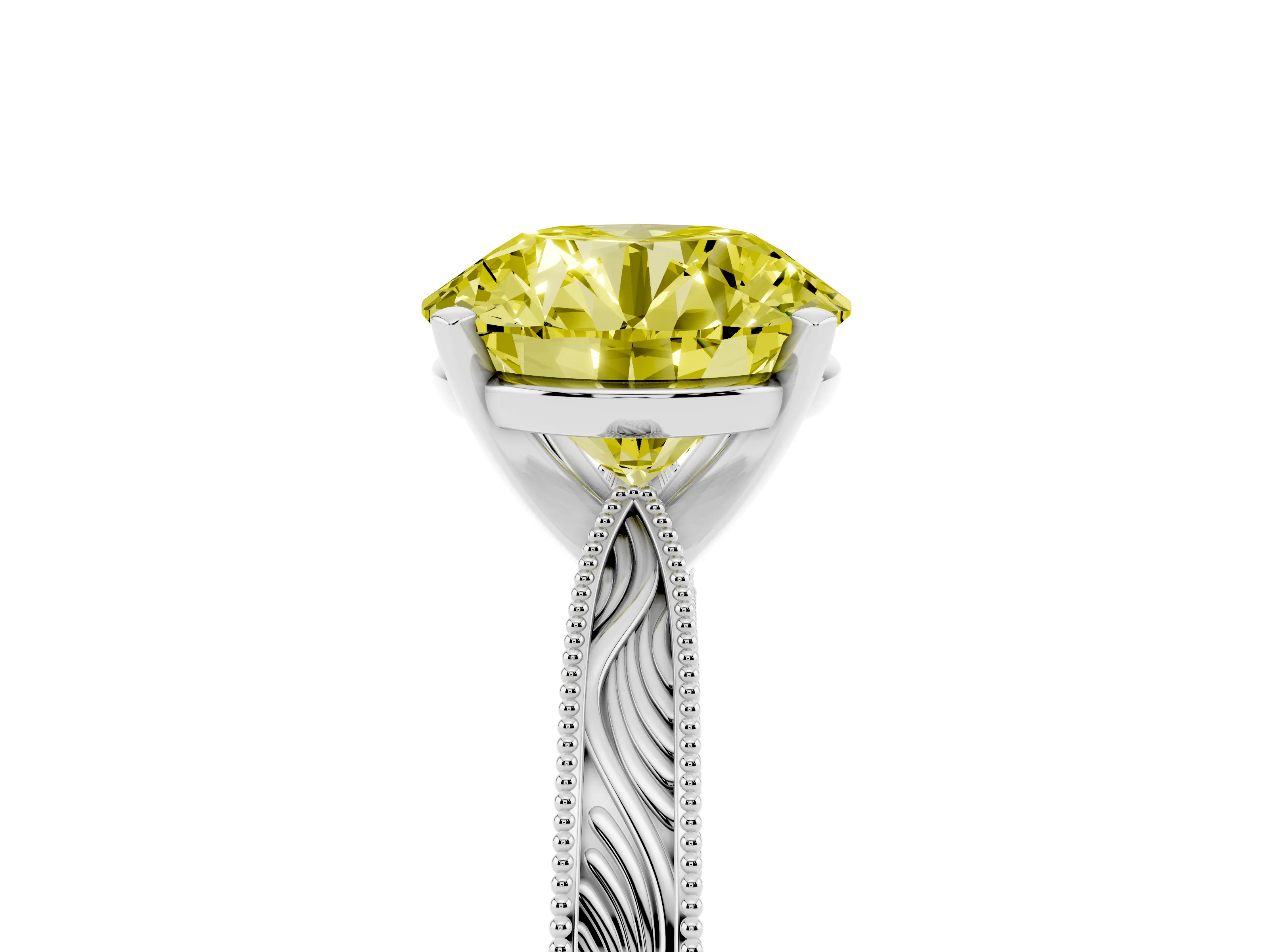 Fancy Yellow Round Cut Diamond Solitaire Milgrain Engraved Band Set in Platinum with Prong Setting