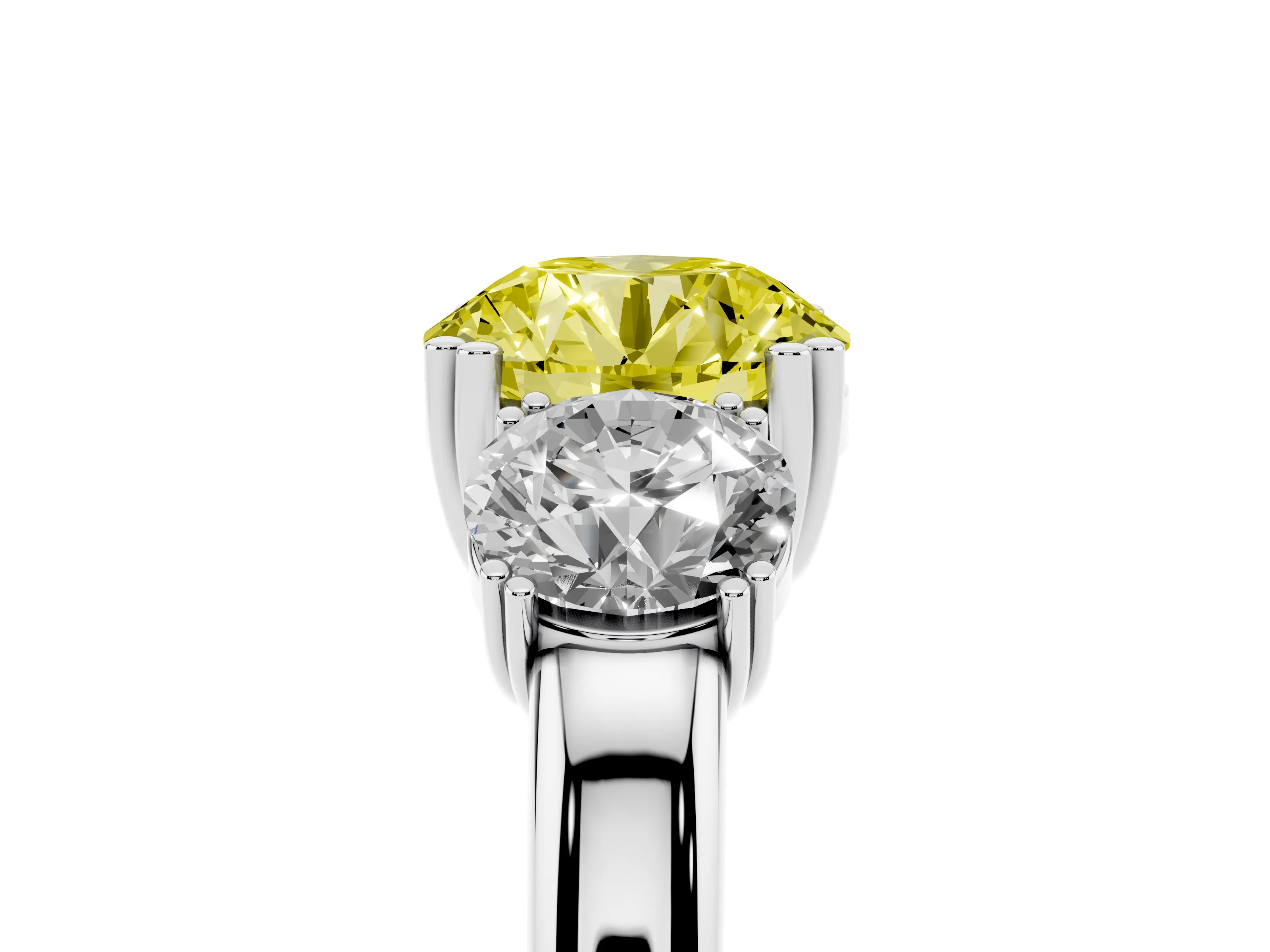 Fancy Yellow Round Cut Diamond Three-Stone Ring Set in White gold with Polished Channel-Set Band