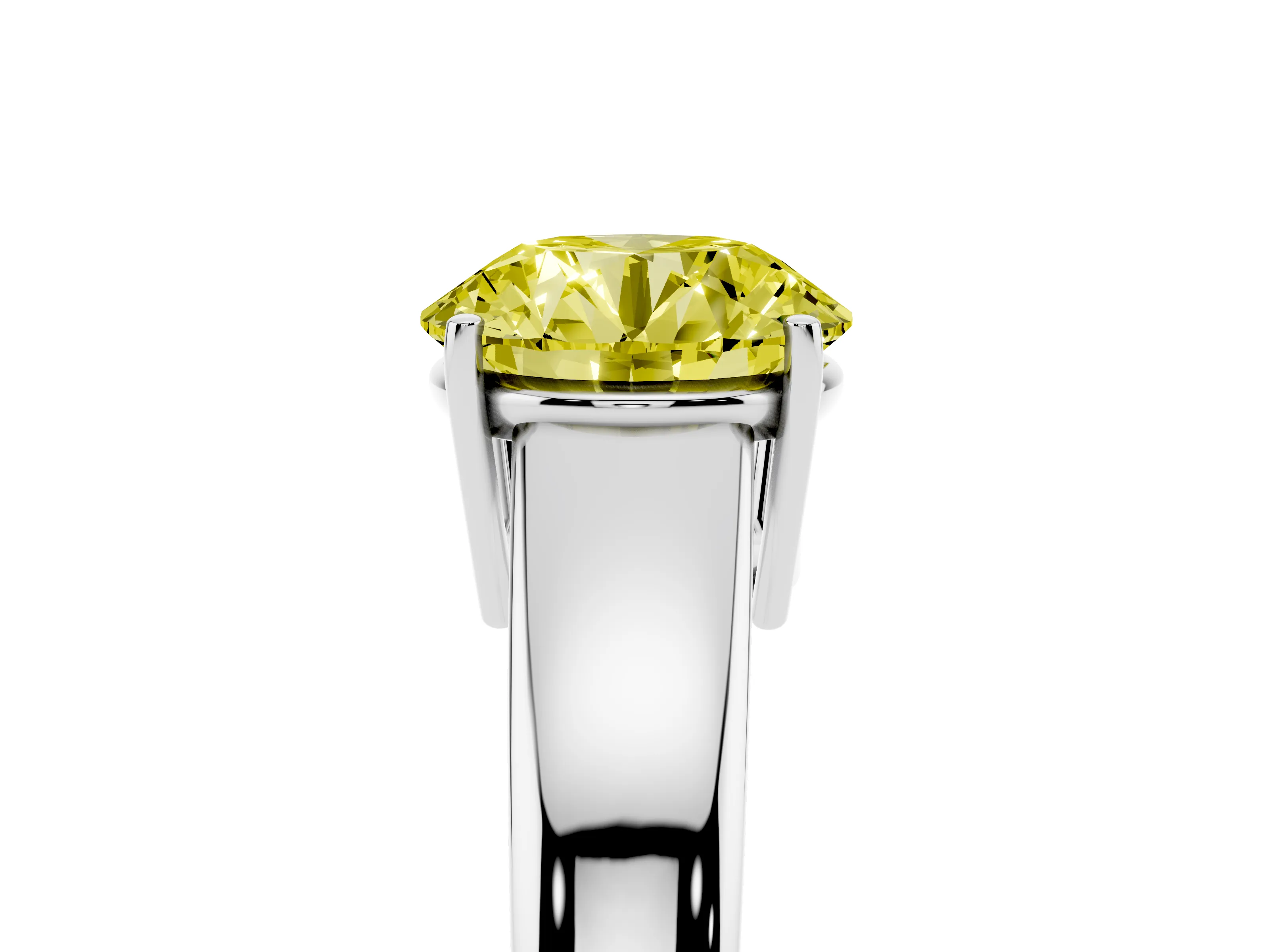 Fancy Yellow Round Cut Diamond Solitaire Ring Set in Silver with Tapered Band and Prong Setting