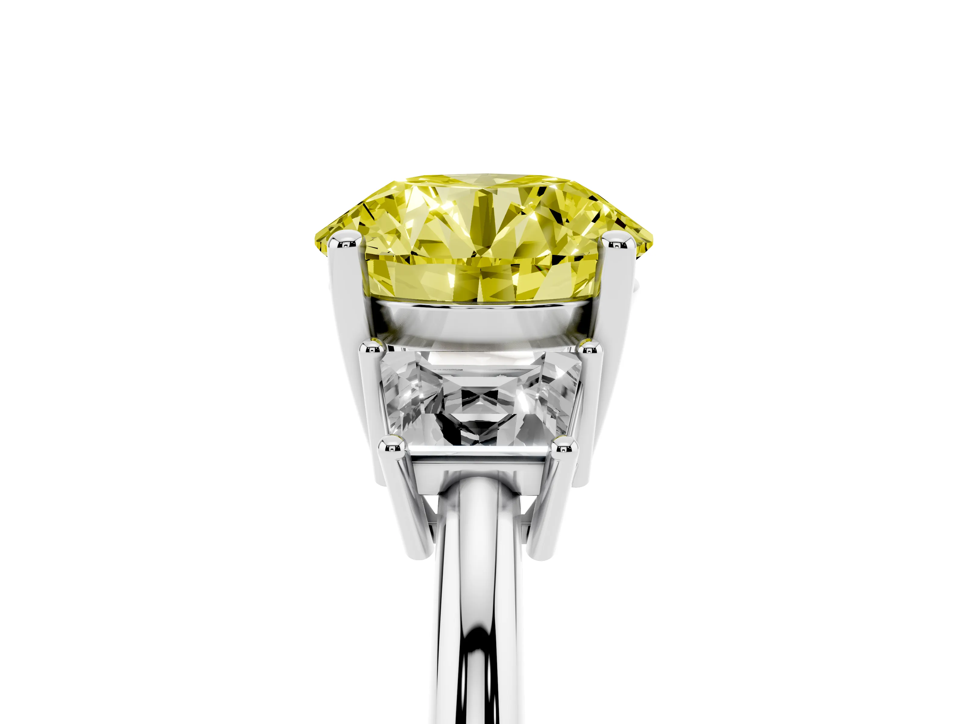 Fancy Yellow Round Cut Diamond Three-Stone Ring Set in White gold with Trapezoid Side Stones and Prong Setting