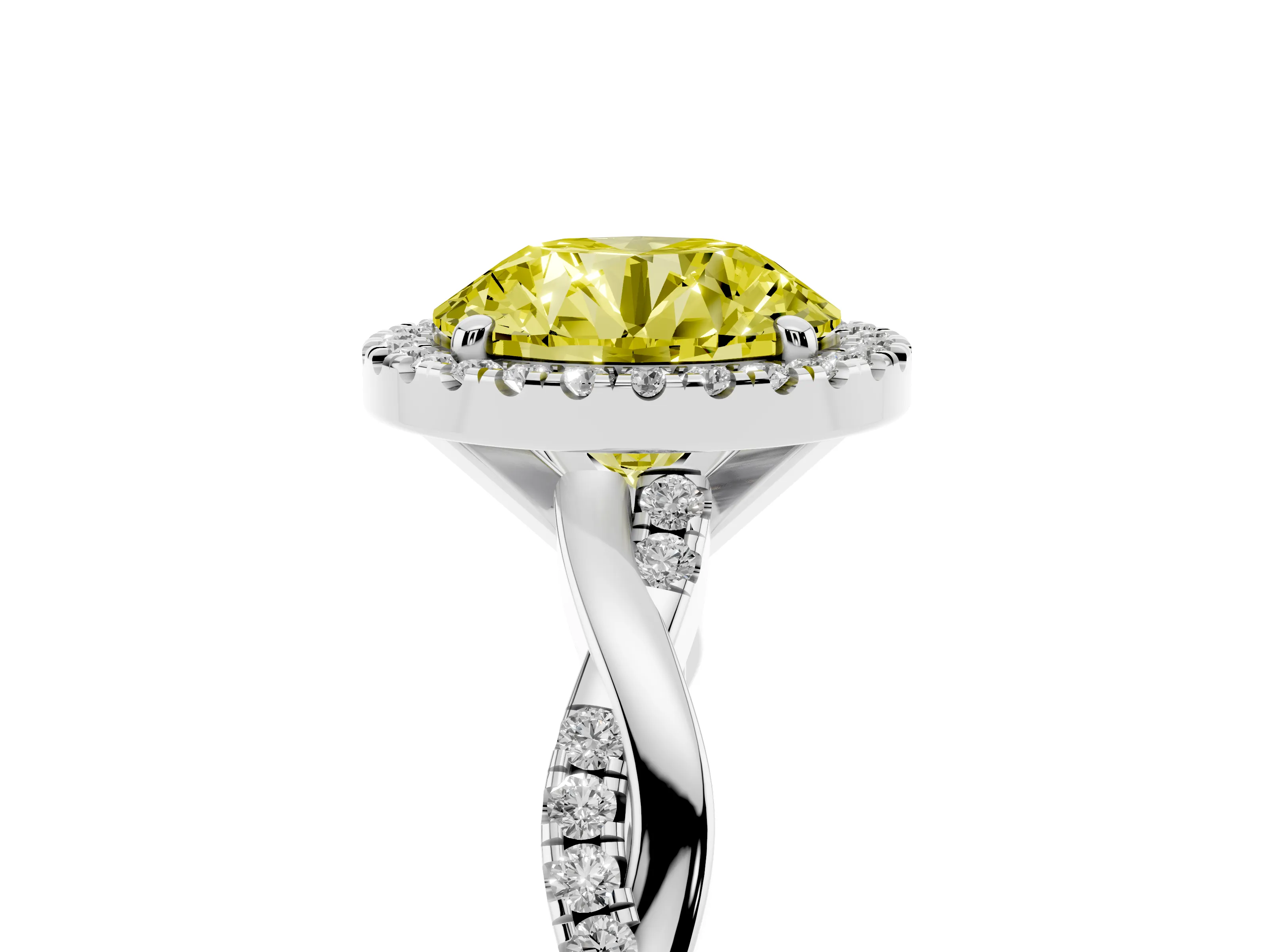 Fancy Yellow Round Cut Diamond Halo Twisted Band Ring Set in Silver with Prong Setting