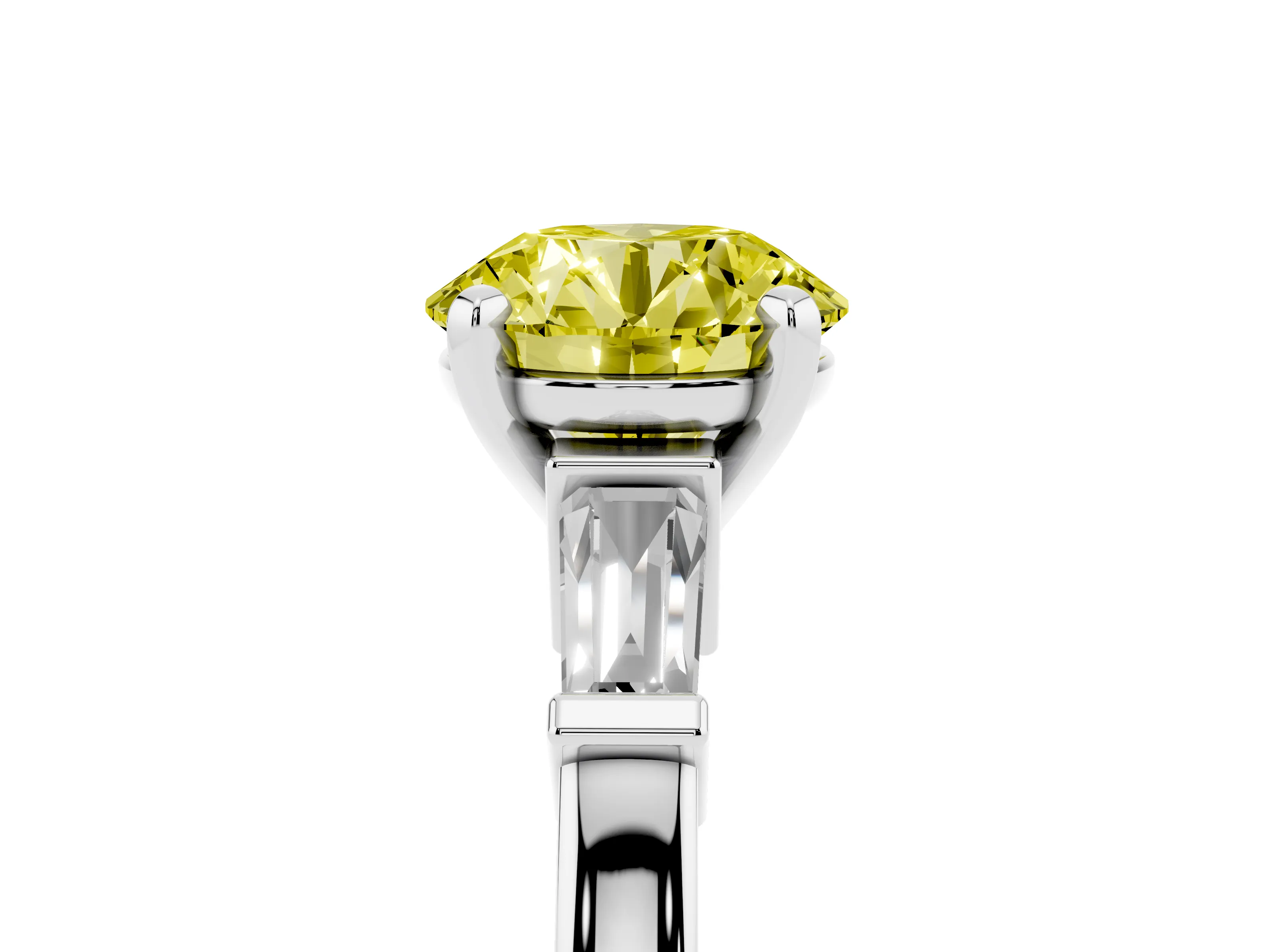 Fancy Yellow Round Cut Diamond Solitaire Ring Set in Platinum with Tapered Baguette Accents and Prong Setting