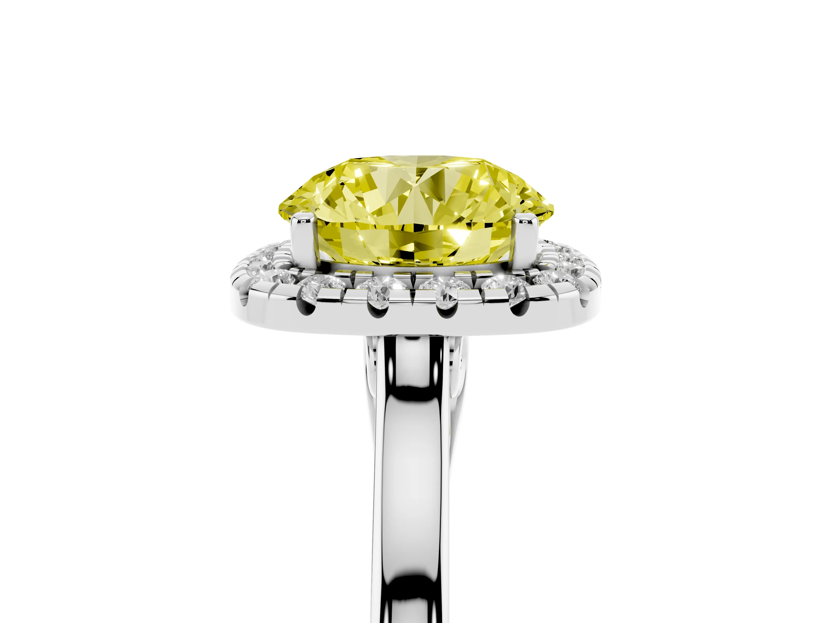 Fancy Yellow Round Cut Halo Round Diamond Solitaire Ring Set in Silver with Pavé Band and Prong Setting