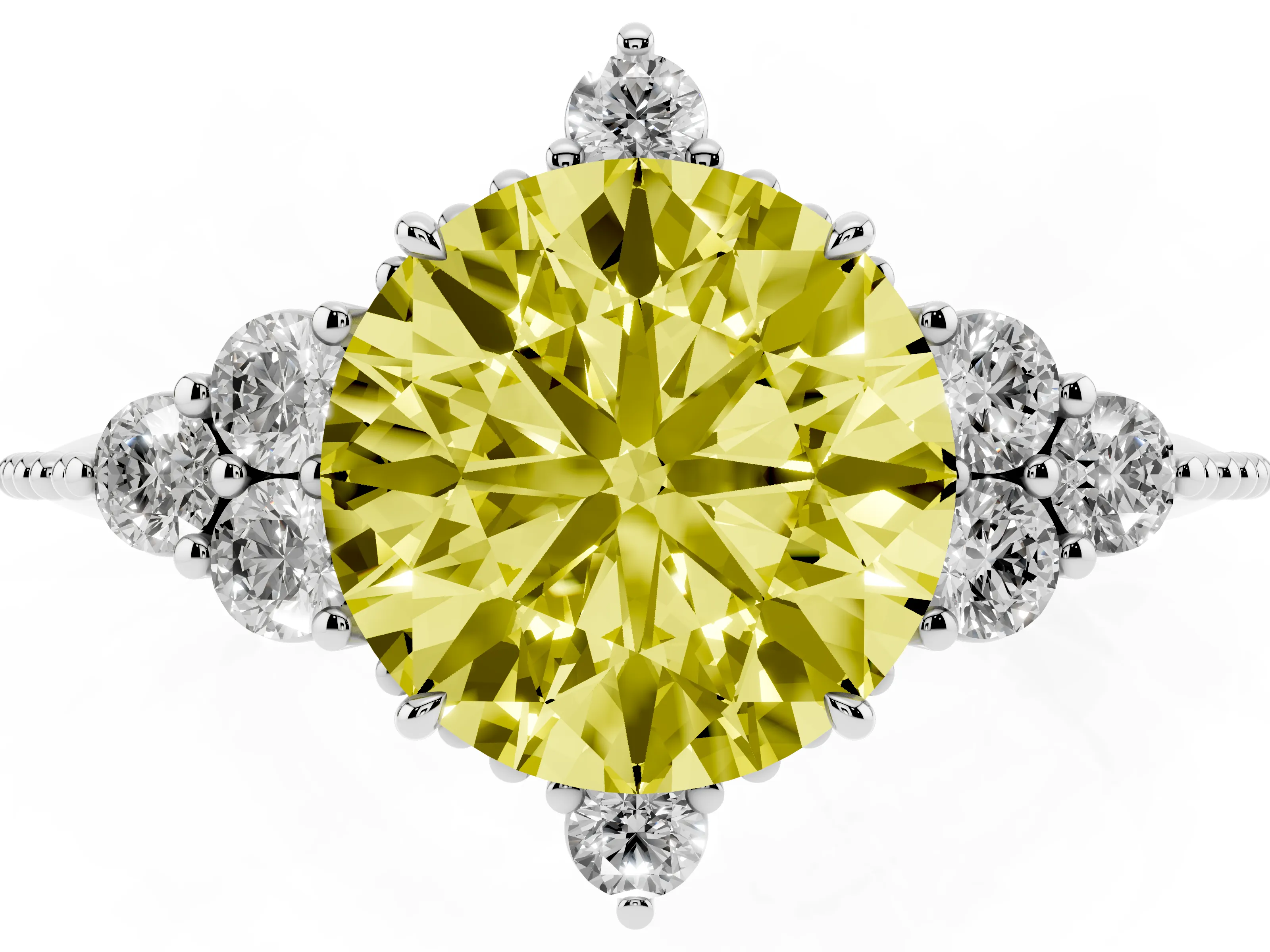 Fancy Yellow Round Cut Diamond Cluster Ring Set in Silver with Beaded Band