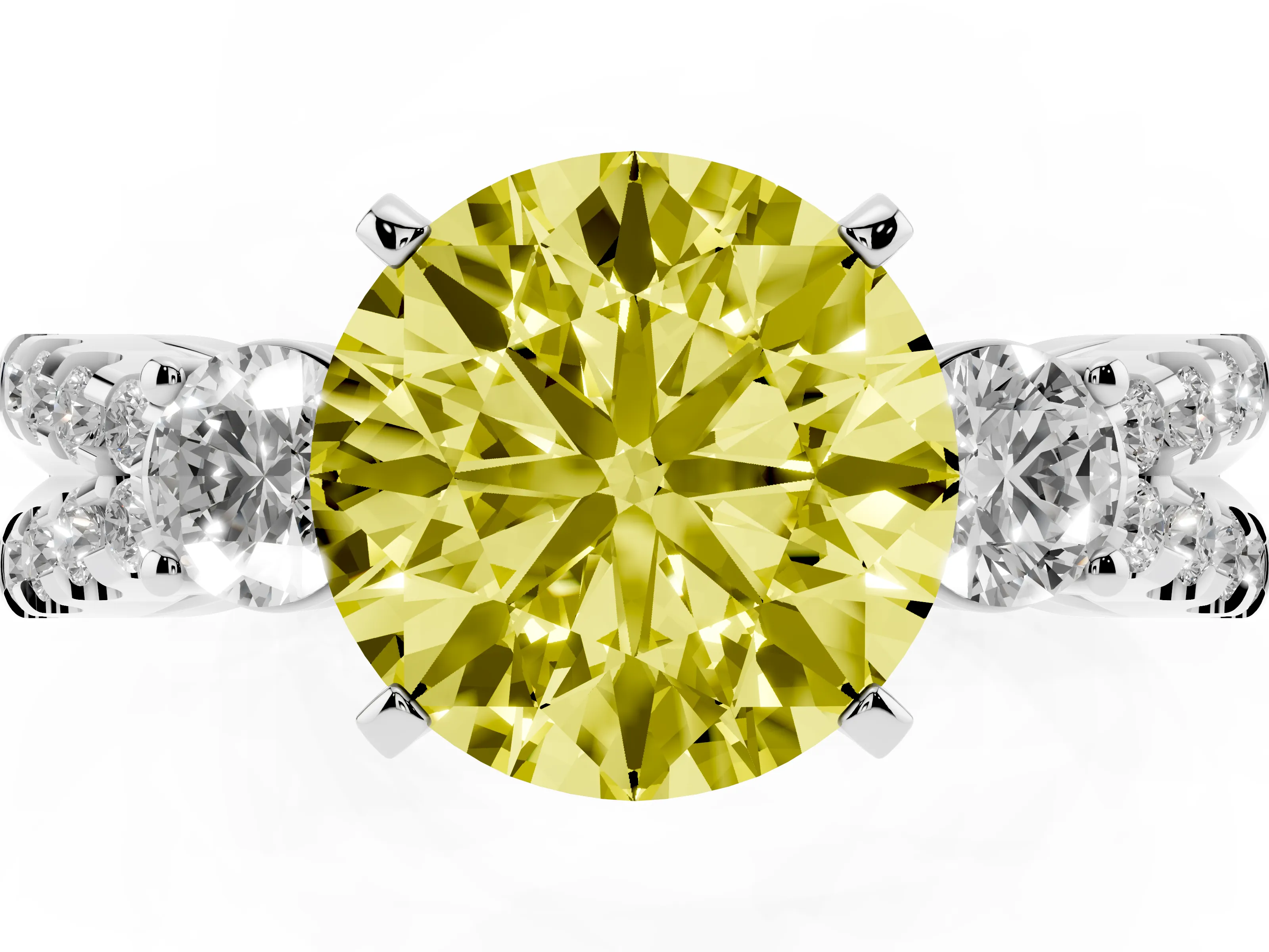 Fancy Yellow Round Cut Diamond Three-Stone Ring Set in White gold with Pavé Split Shank and Prong Setting