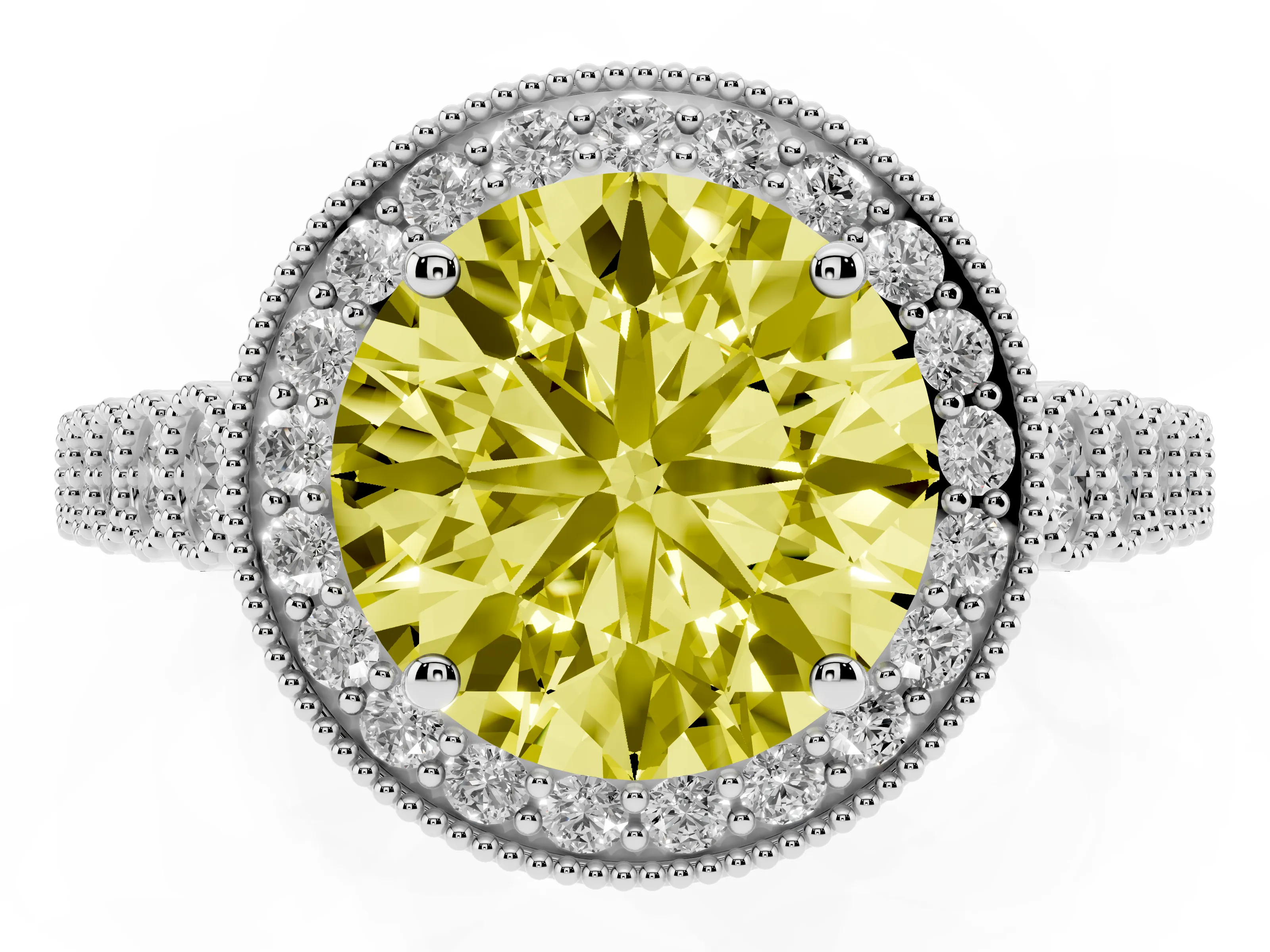 Fancy Yellow Round Cut Diamond Milgrain Halo Solitaire Ring Set in Silver with Bezel Set Side Stones and Pavé Band