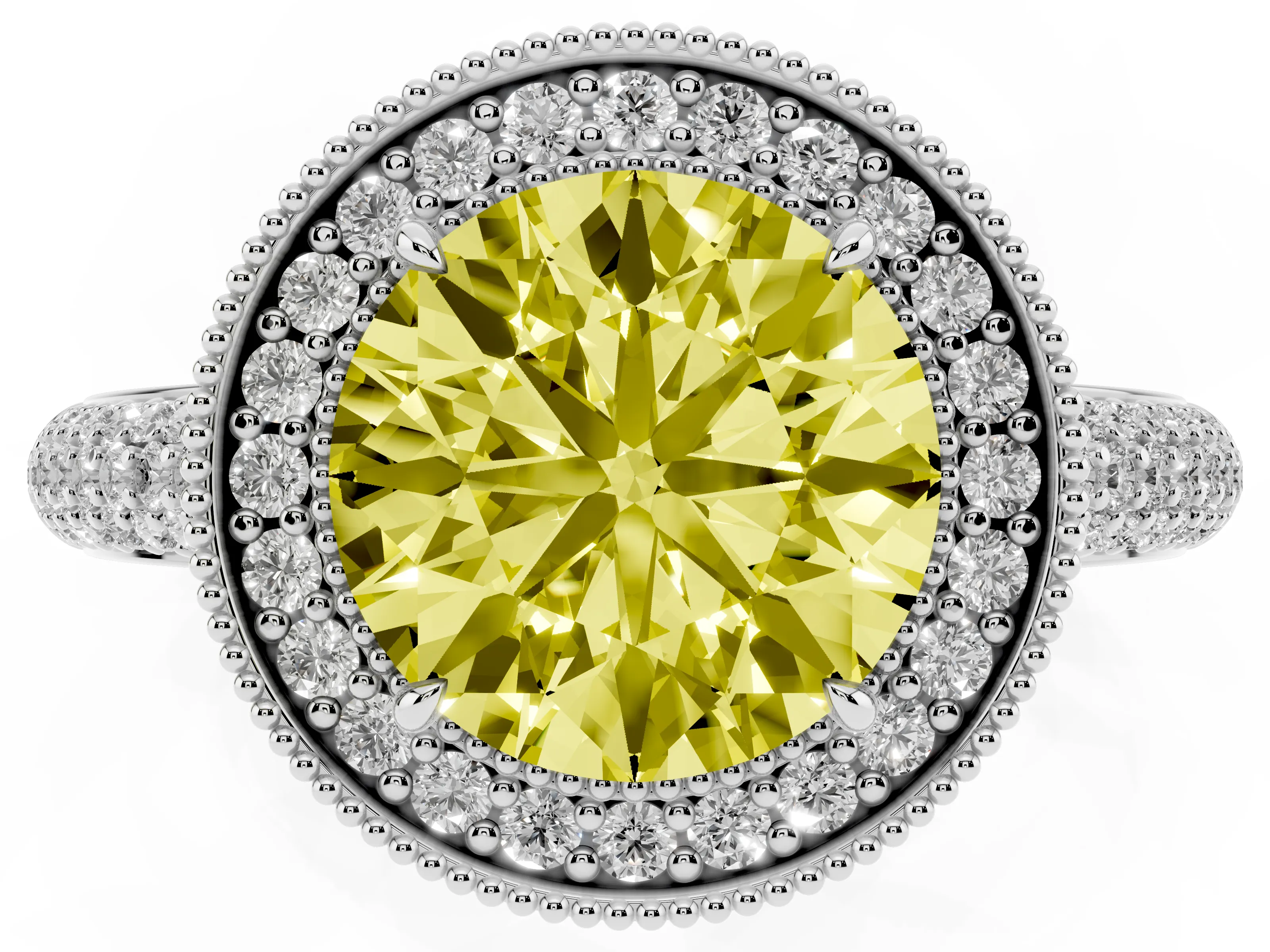 Fancy Yellow Round Cut Diamond Halo Pavé Band Set in Silver with Prong Setting