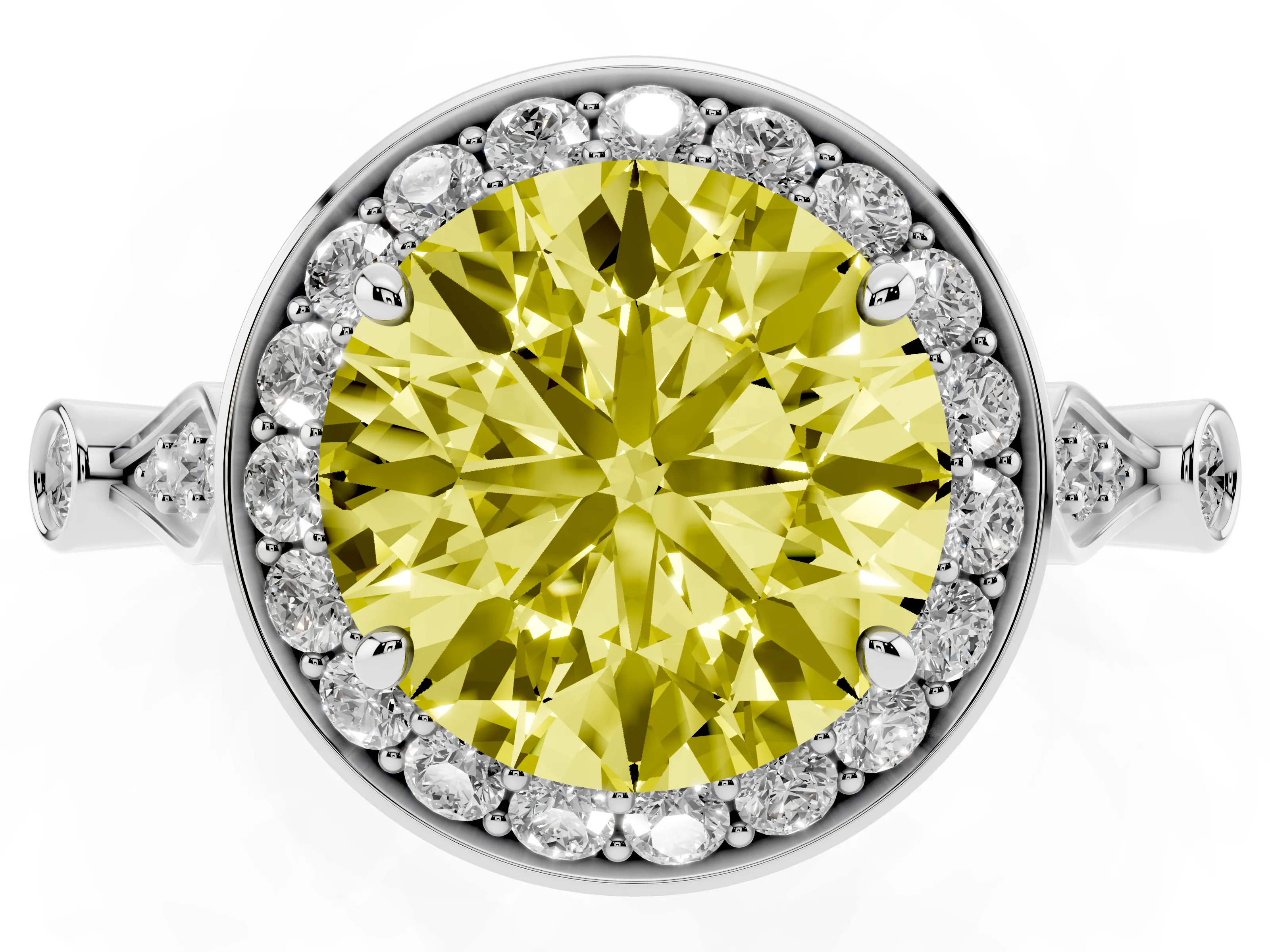 Fancy Yellow Round Cut Diamond Halo Engagement Ring Set in Platinum with Twisted Band and Prong Setting