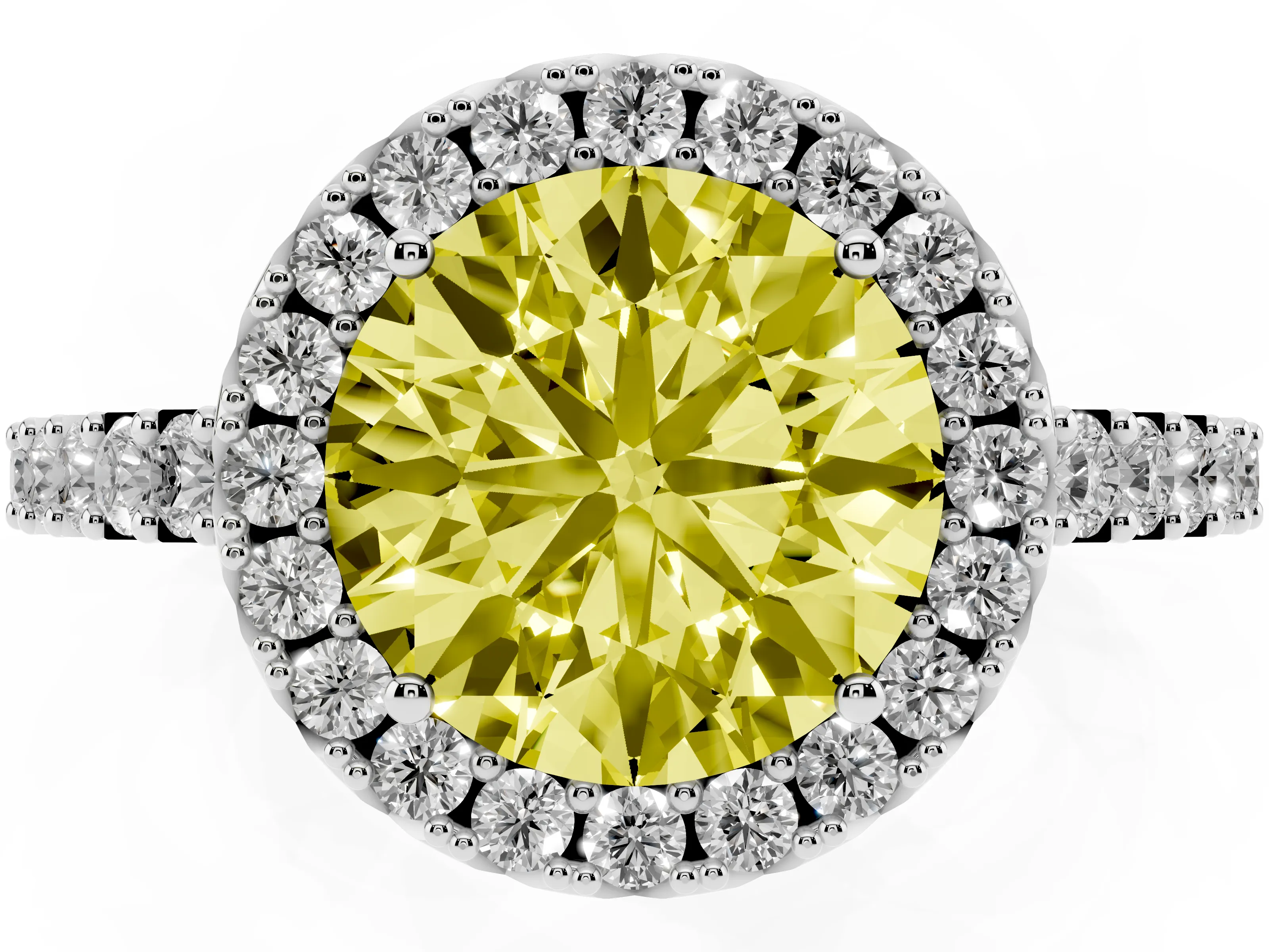 Fancy Yellow Round Cut Diamond Halo Pavé Solitaire Ring Set in Silver with Prong-Set Center Stone