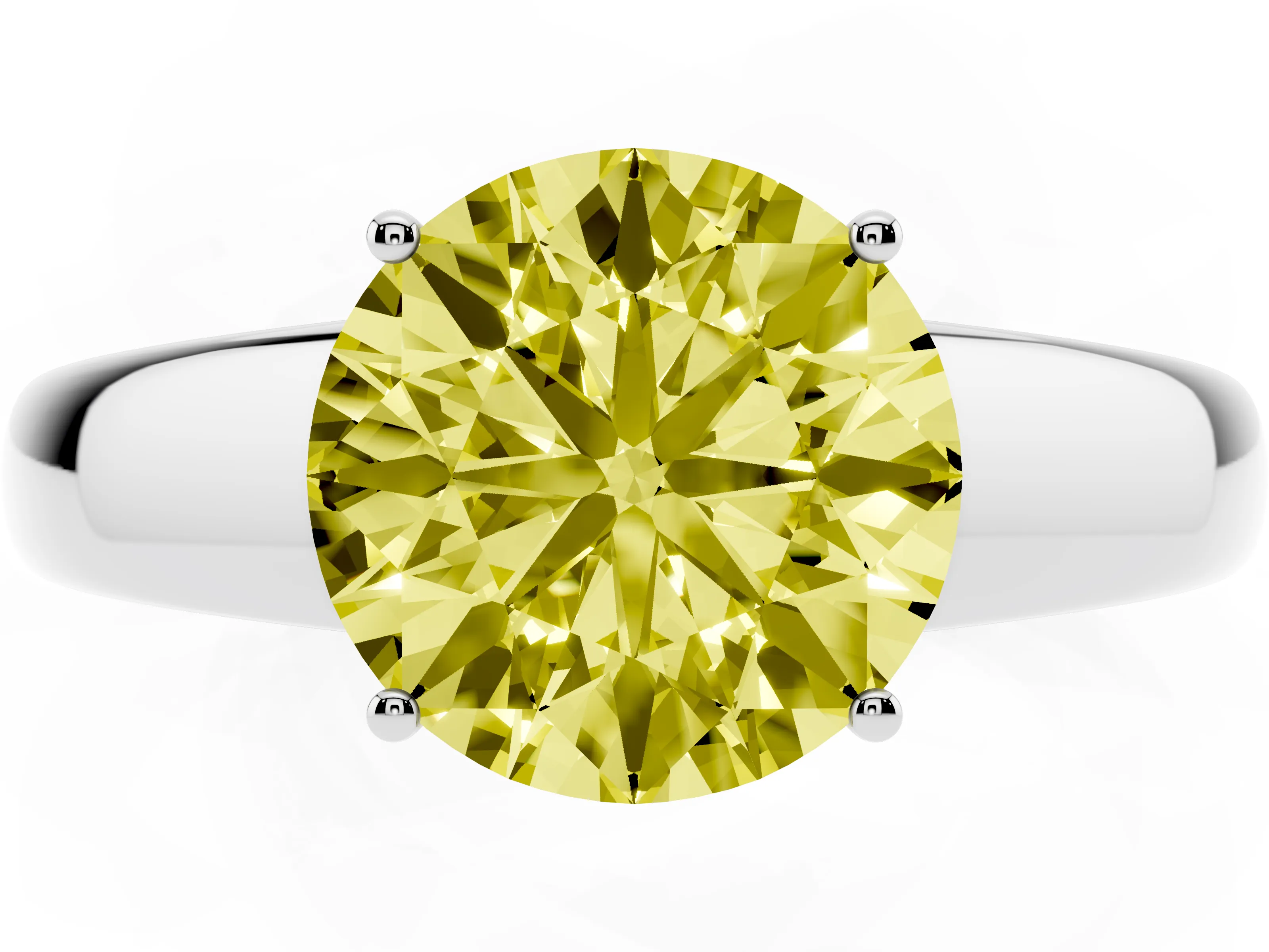 Fancy Yellow Round Cut Diamond Solitaire Ring Set in Silver with Tapered Band and Prong Setting