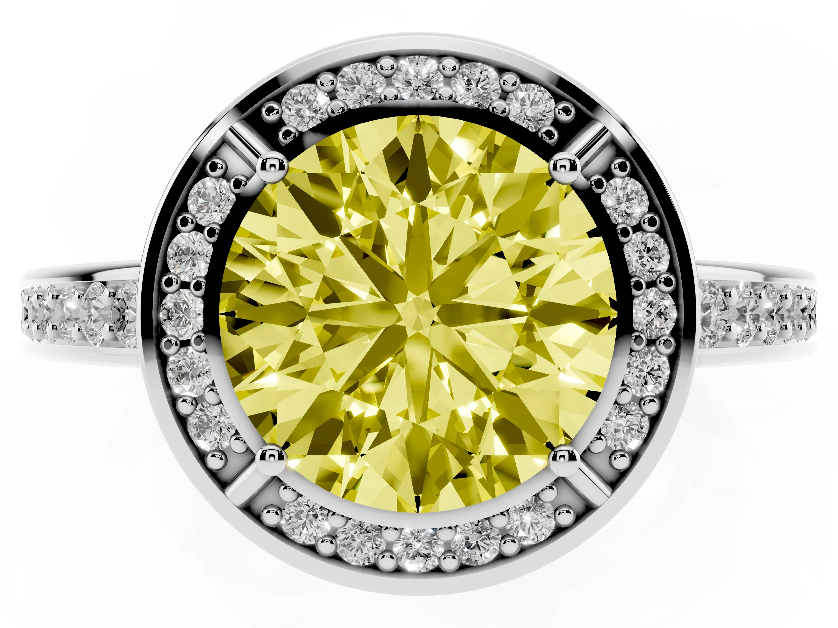 Fancy Yellow Round Cut Diamond Halo Pavé Split Shank Ring Set in White gold with Prong Setting