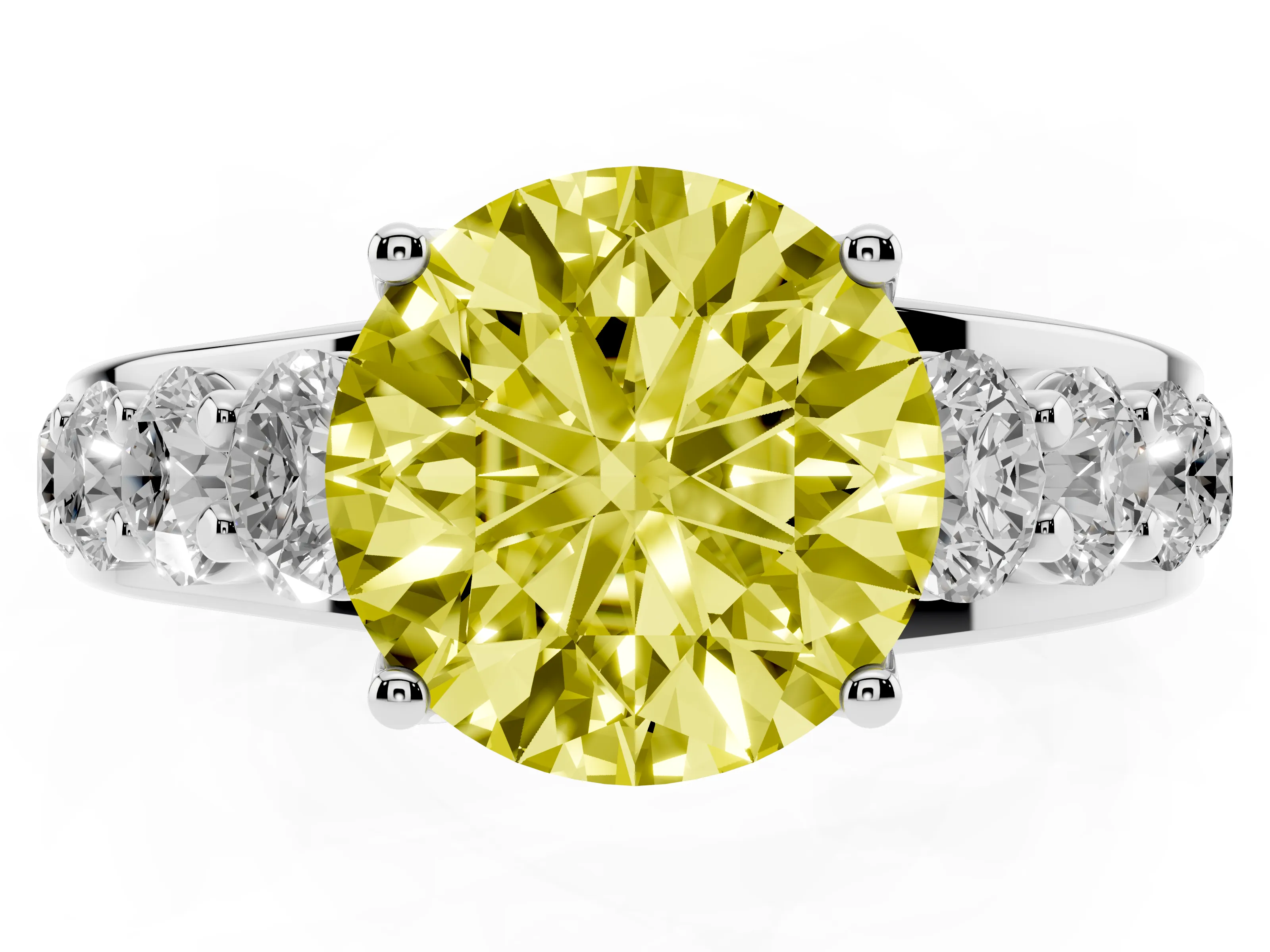 Fancy Yellow Round Cut Diamond Pavé Engagement Ring Set in Silver with Prong Setting