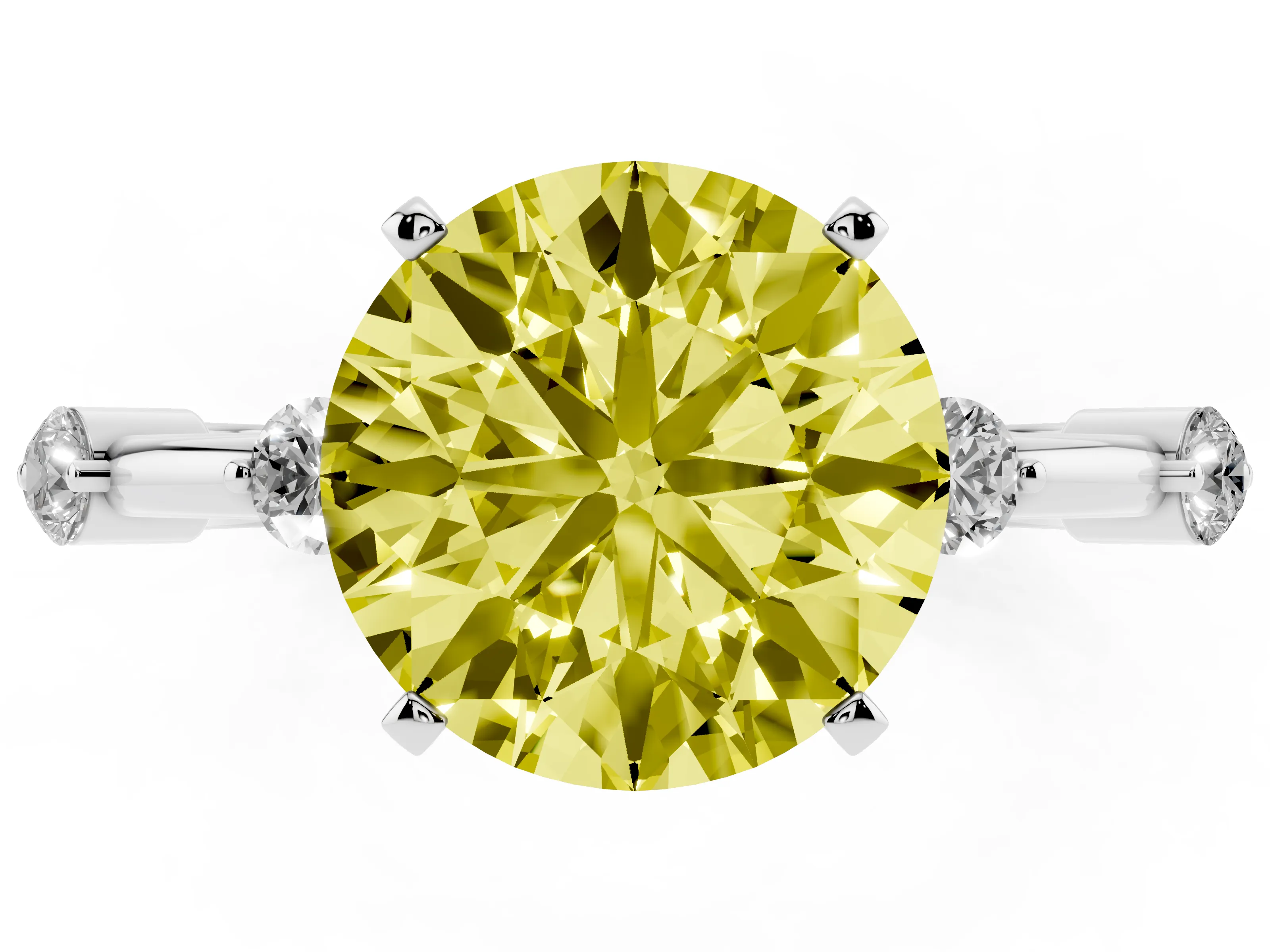 Fancy Yellow Round Cut Diamond Solitaire Ring Set in Platinum with Bezel Set Side Stones and Prong Setting