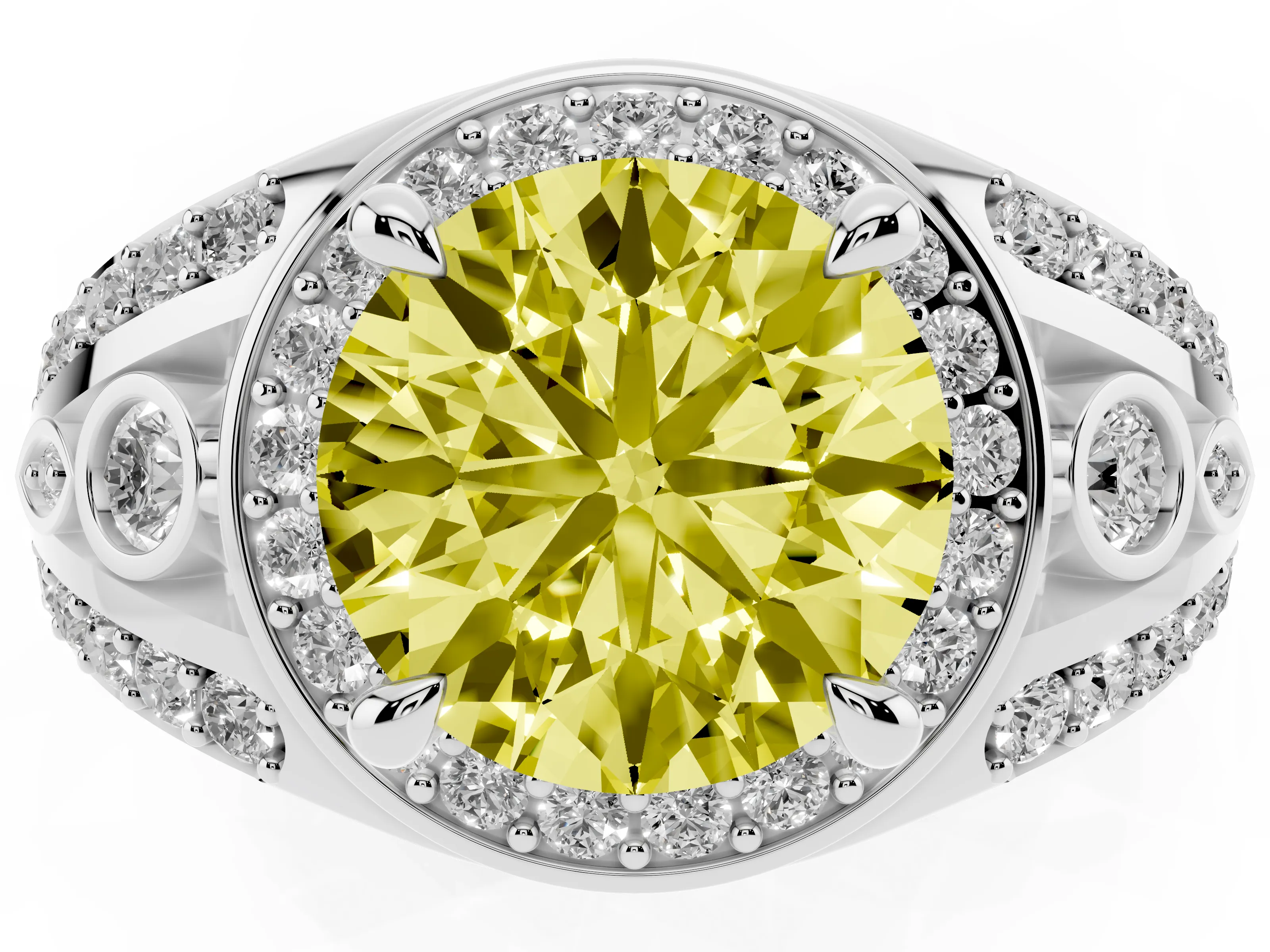 Fancy Yellow Round Cut Diamond Halo Ring Set in Silver with Pavé Split Shank and Bezel Accents