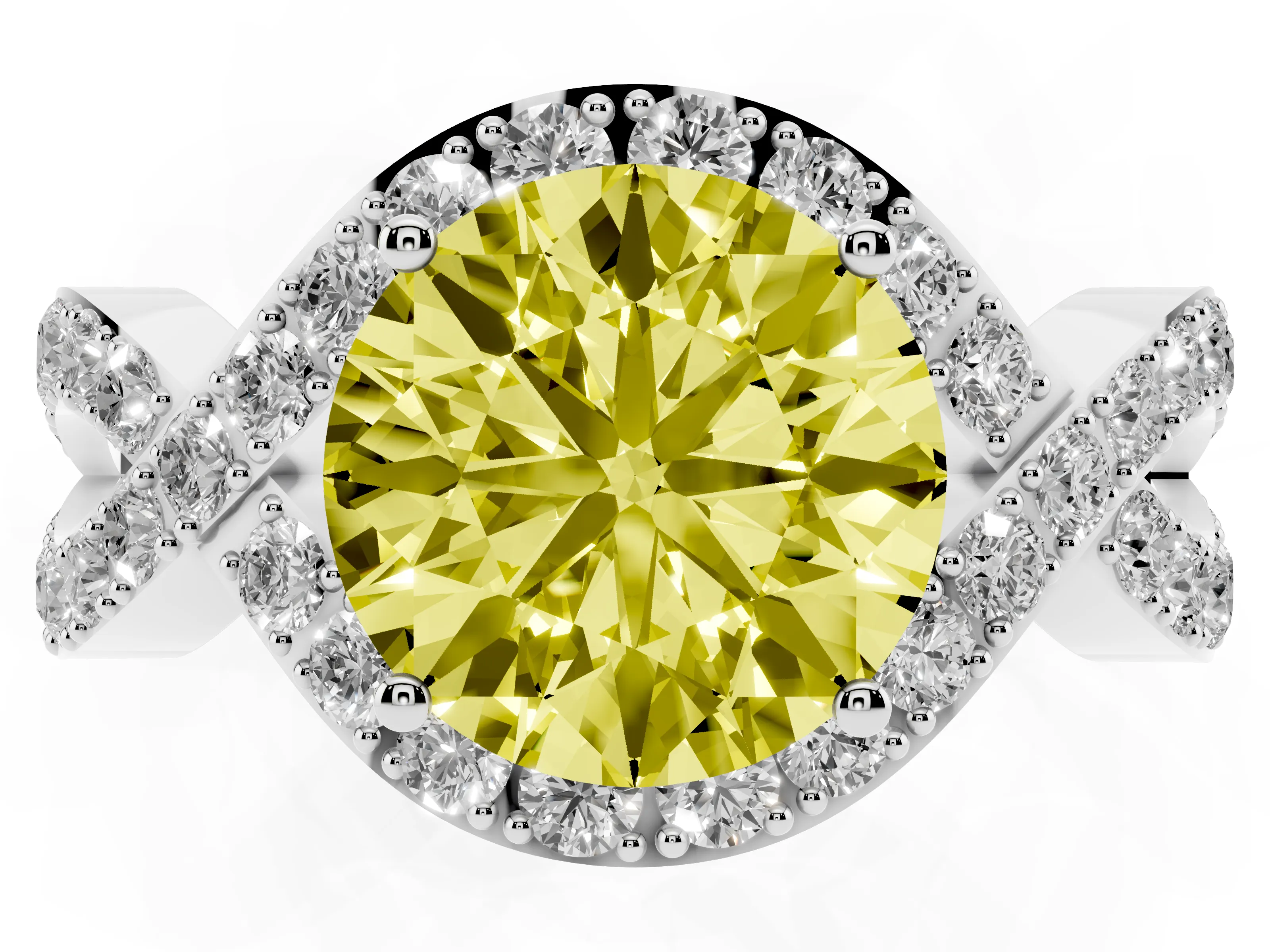 Fancy Yellow Round Cut Diamond Solitaire Twist Band Pavé Engagement Ring Set in Platinum