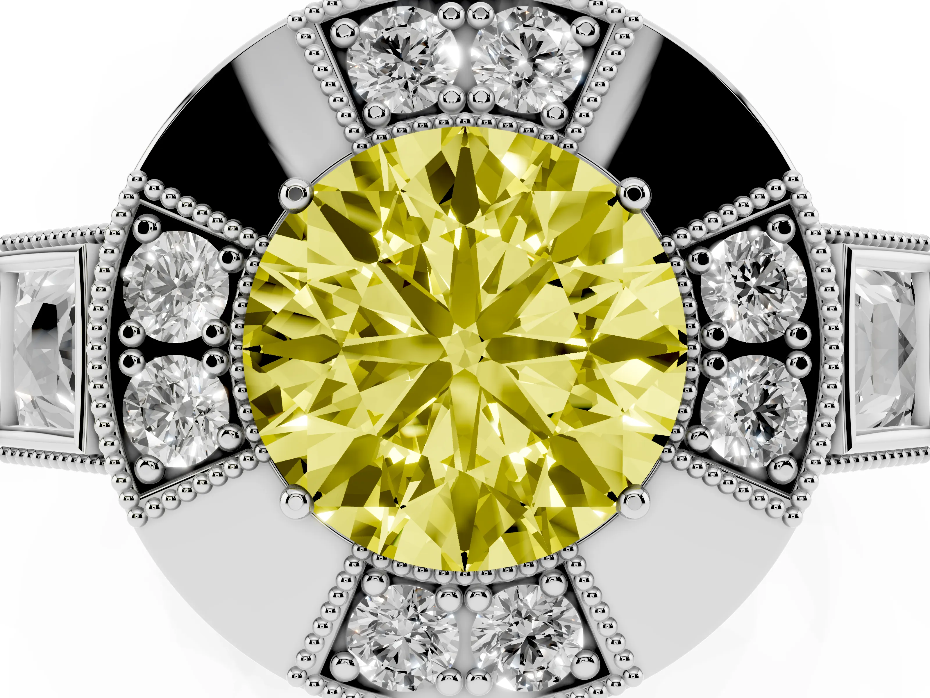 Fancy Yellow Round Cut Diamond Milgrain Halo Ring Set in Platinum with Split Shank
