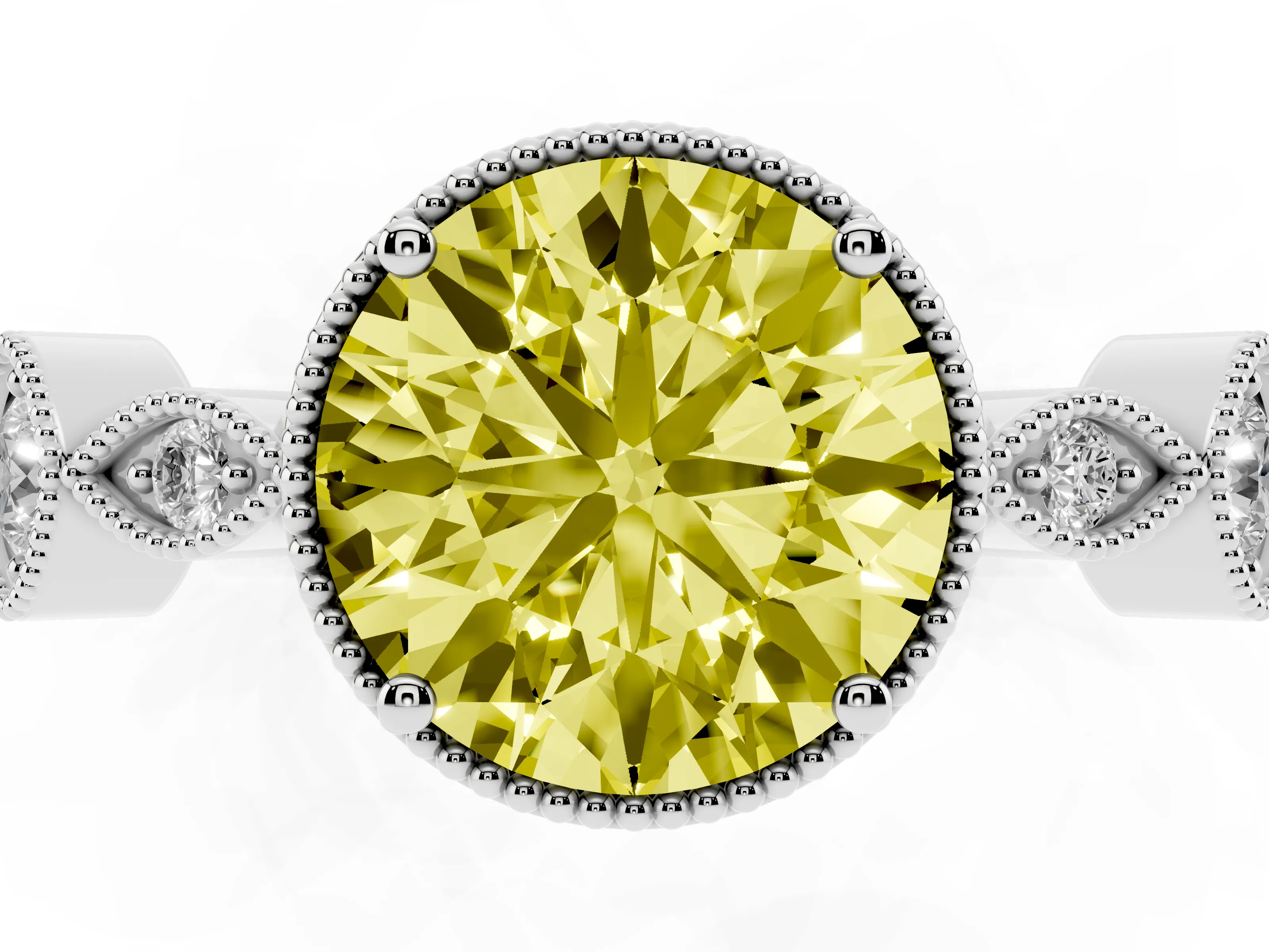 Fancy Yellow Round Cut Diamond Vintage-Inspired Milgrain Ring Set in Platinum with Marquise Stations of Round Accents