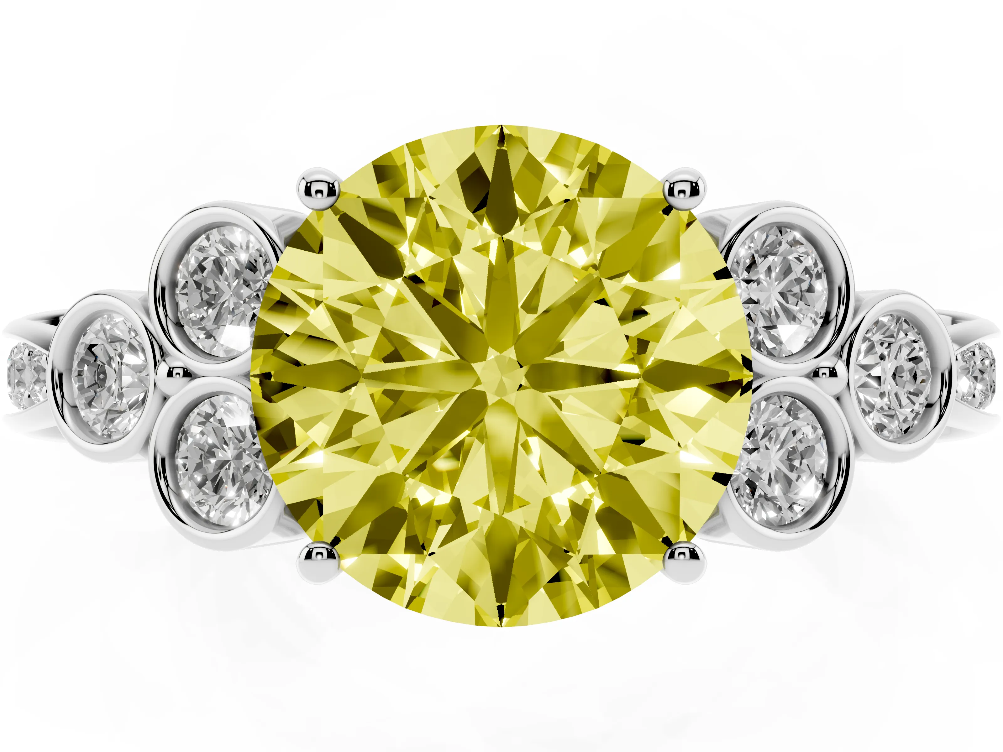 Fancy Yellow Round Cut Diamond Engagement Ring Set in White gold with Bezel Set Round Side Stones and Prong Setting