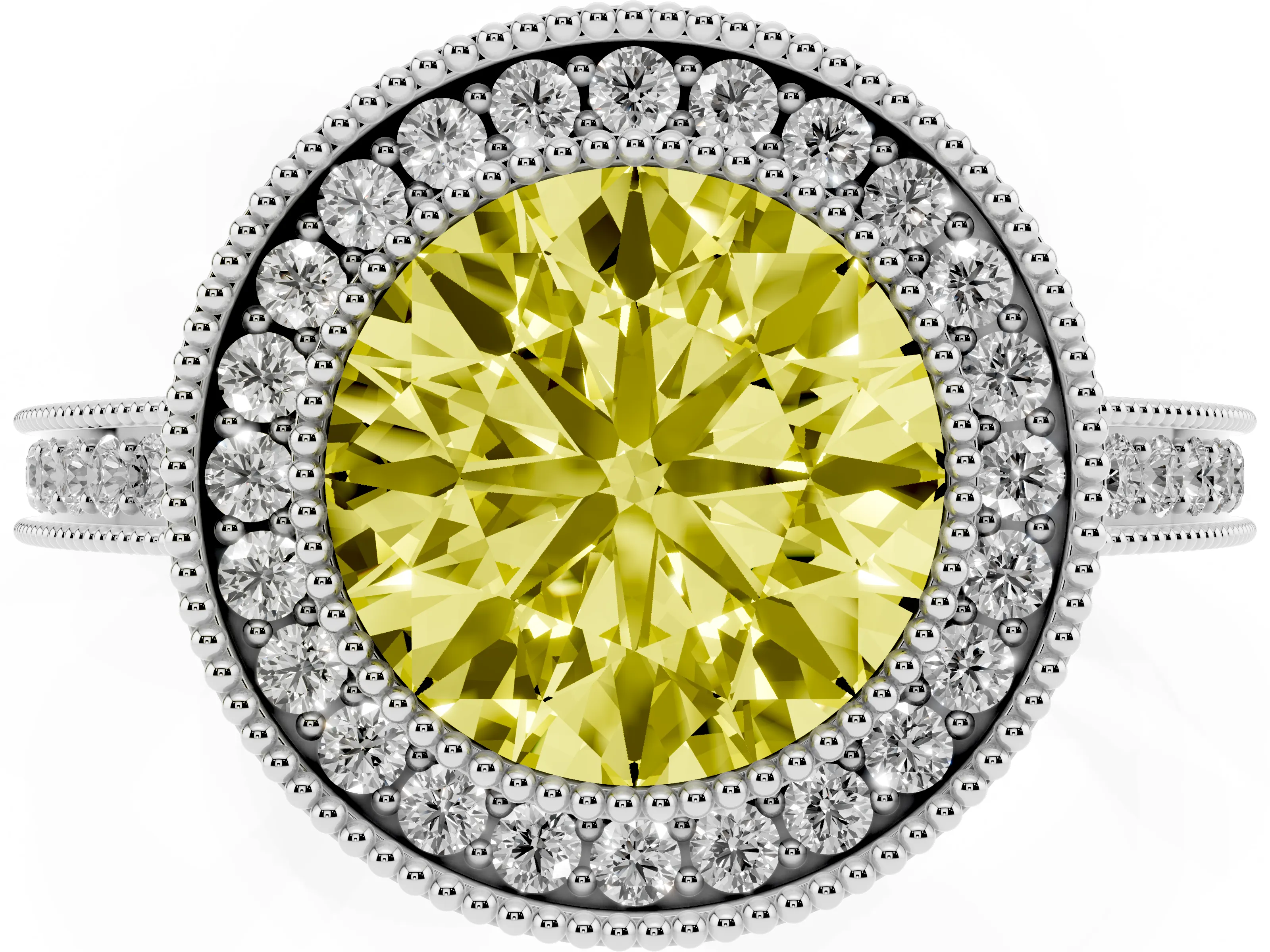 Fancy Yellow Round Cut Diamond Halo Ring Set in White gold with Pavé Band and Milgrain-Edged Prongs
