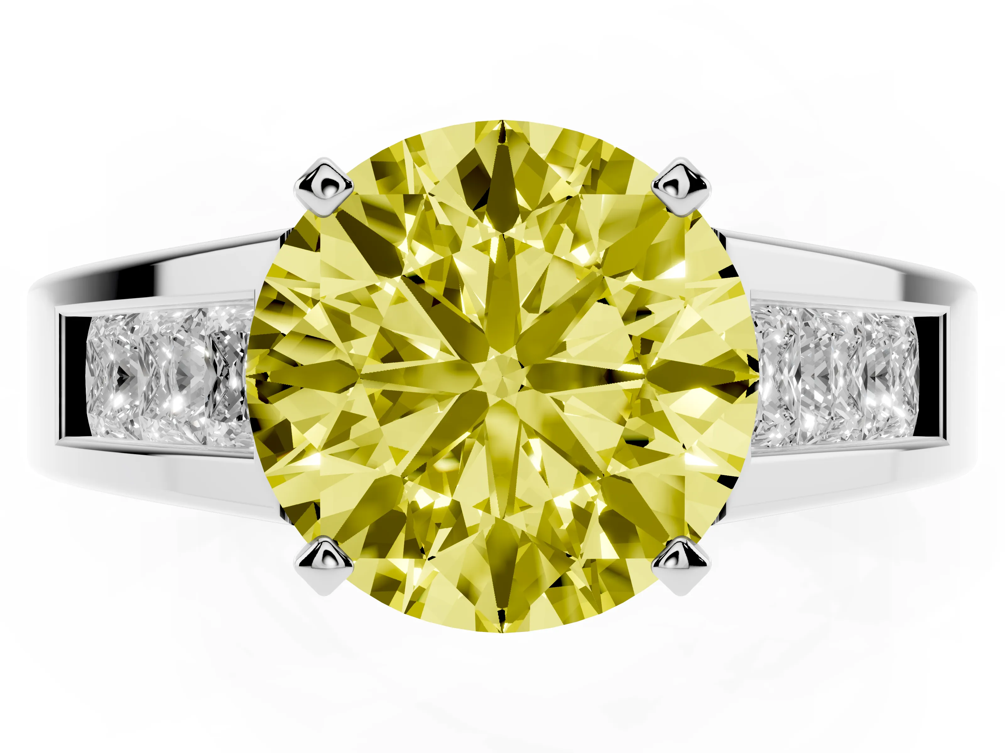 Fancy Yellow Round Cut Diamond Solitaire Ring Set in Silver with Channel-Set Accent Stones and Prong Setting