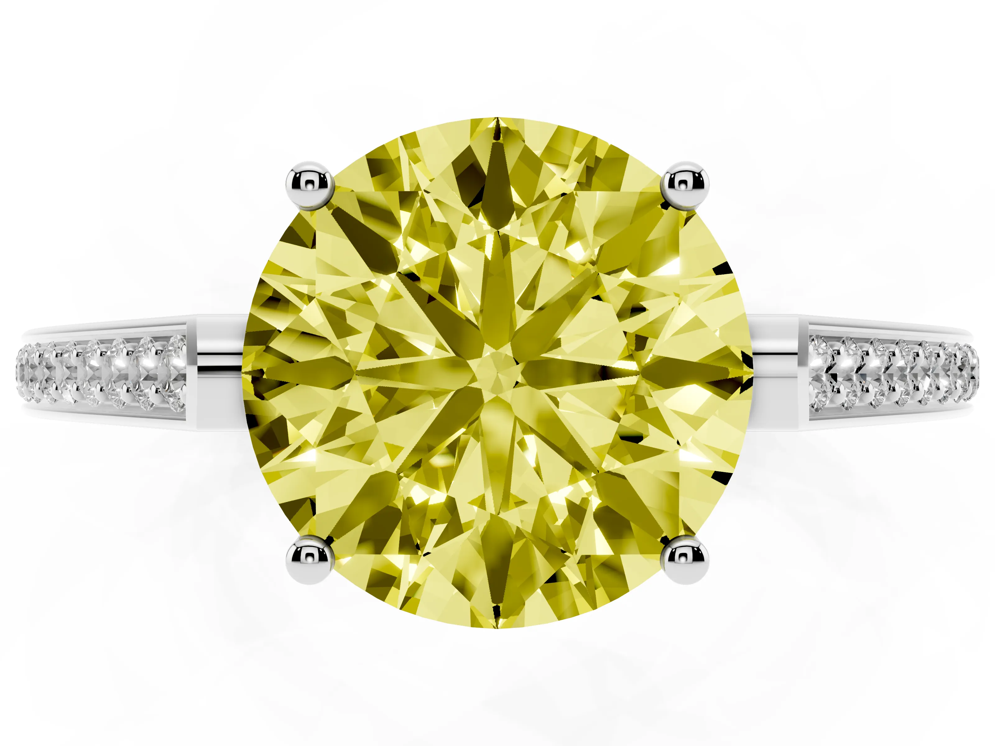 Fancy Yellow Round Cut Diamond Cathedral Pavé Engagement Ring Set in White gold with Prong Setting